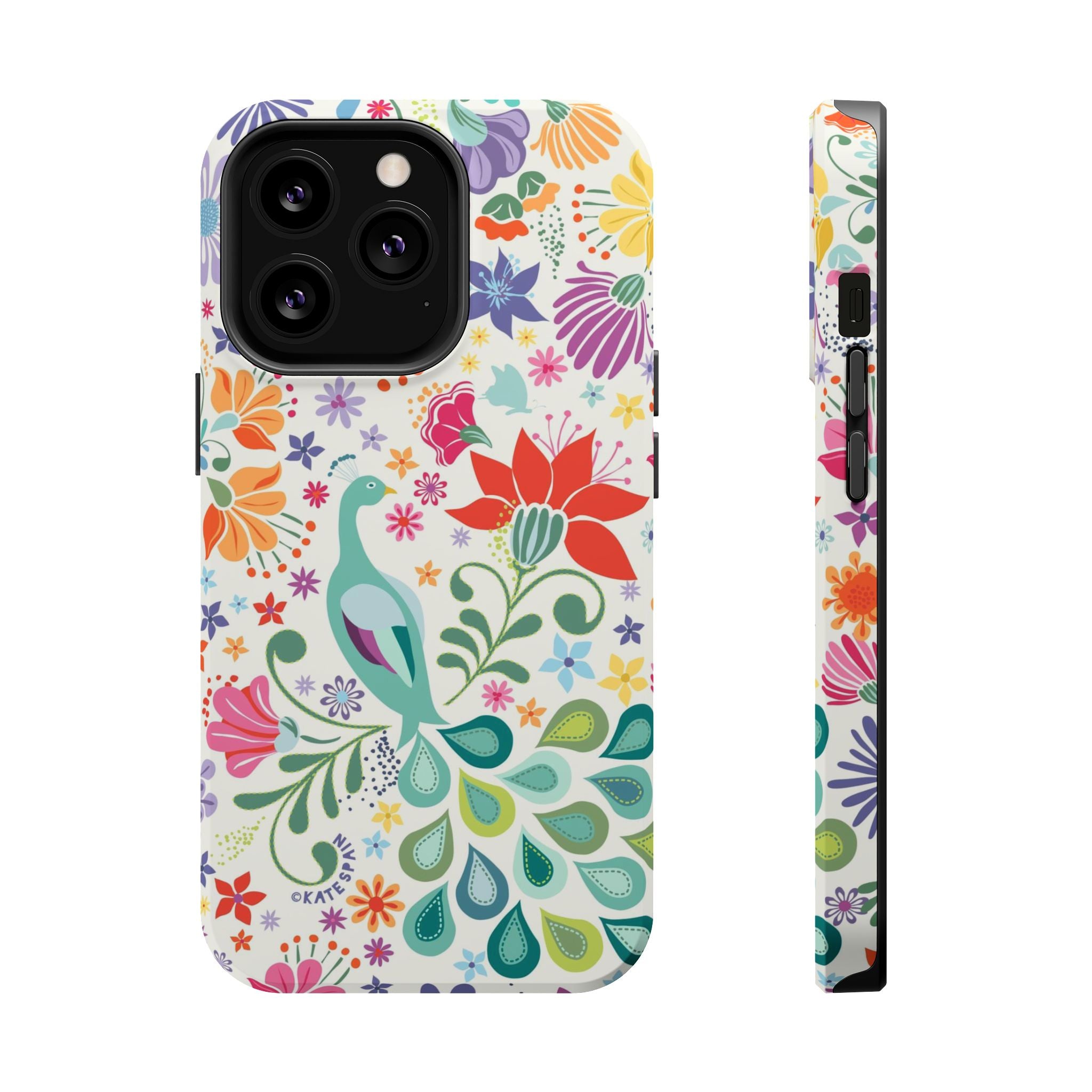 Peacock Sanctuary MagSafe iPhone 13 Pro Case – Matte | ivory, teal, navy peacock botanical print MagSafe compatible, dual-layer protection