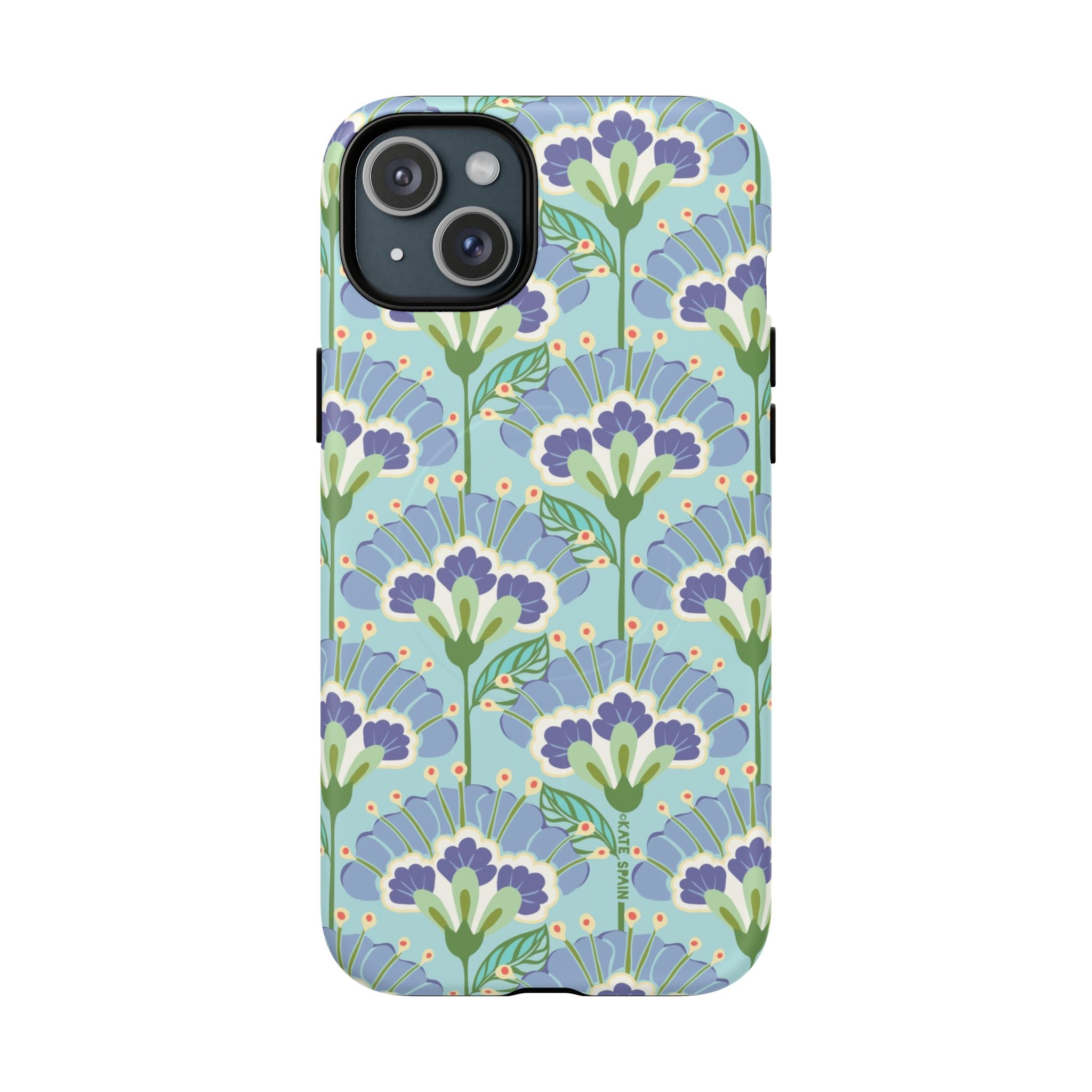 Lantern Flower MagSafe iPhone 15 Plus Case – Matte | aqua, periwinkle, green botanical lantern floral print