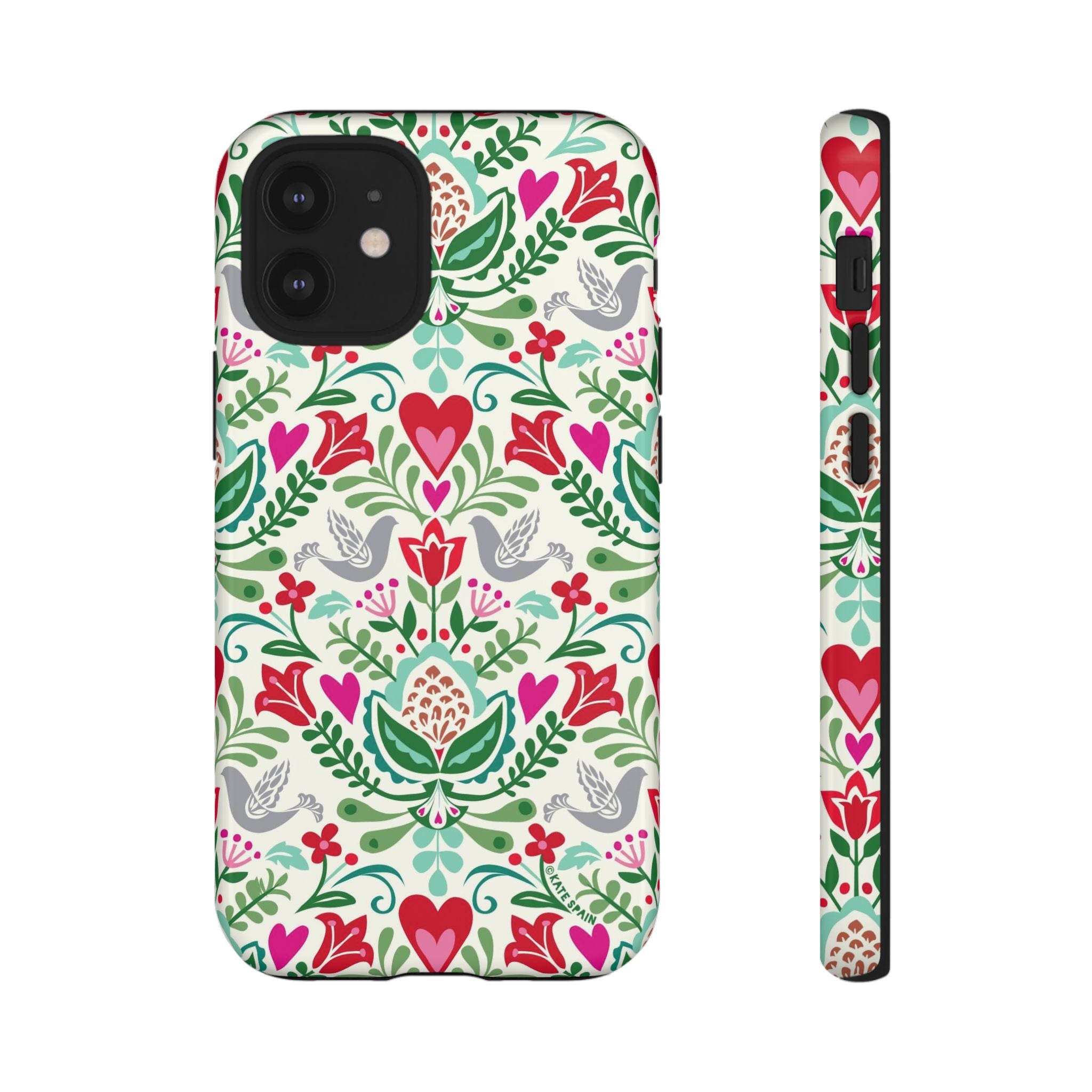 Rosemaling Tough iPhone 12 Mini Case – Glossy | cream, red, pink, green, gray folk art floral bird print
