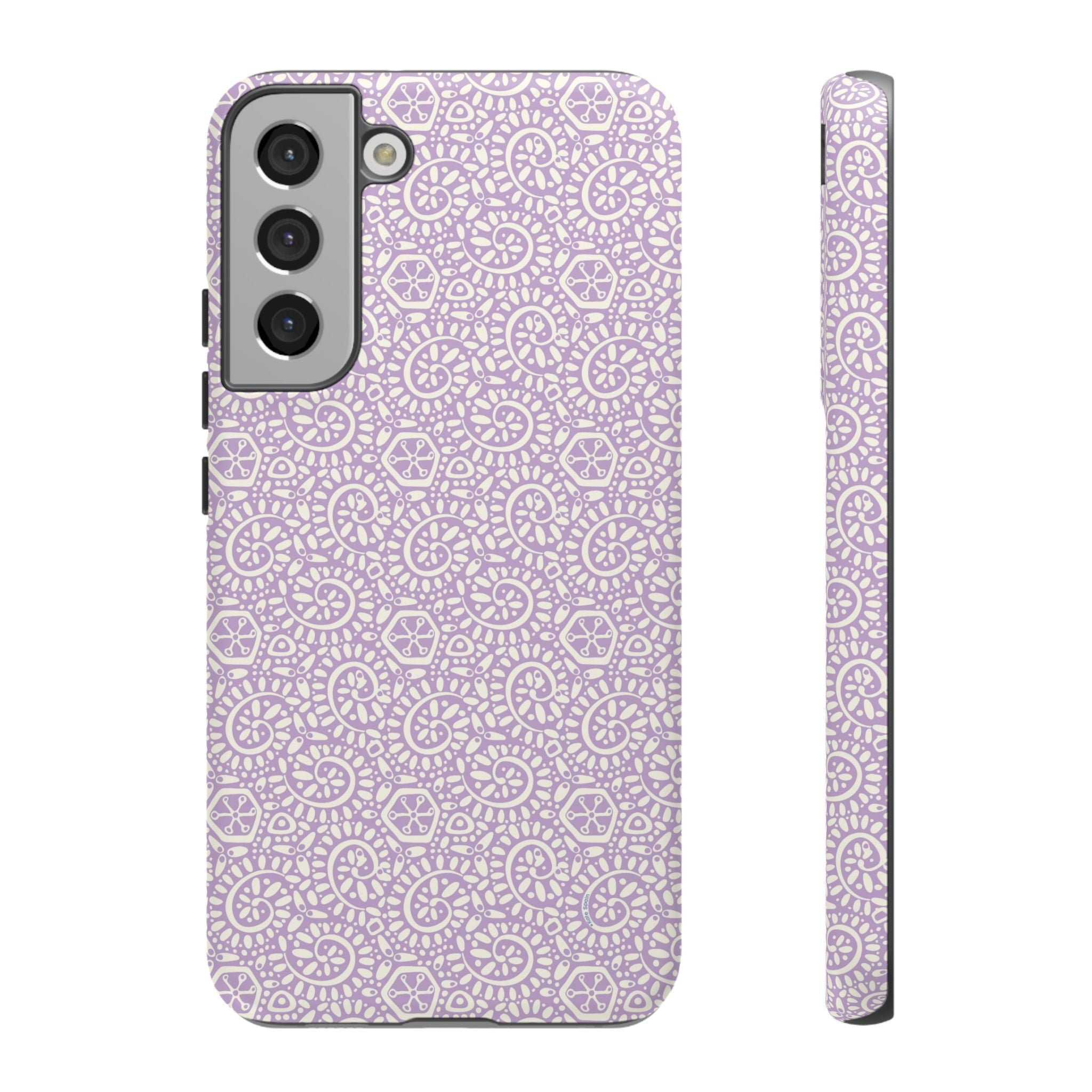 Canto Swirls Lavender Samsung Galaxy S22 Plus Matte Case — lavender hard case covered in an intricate folk-art medallion pattern of radiating circular motifs, dot clusters, and geometric centers