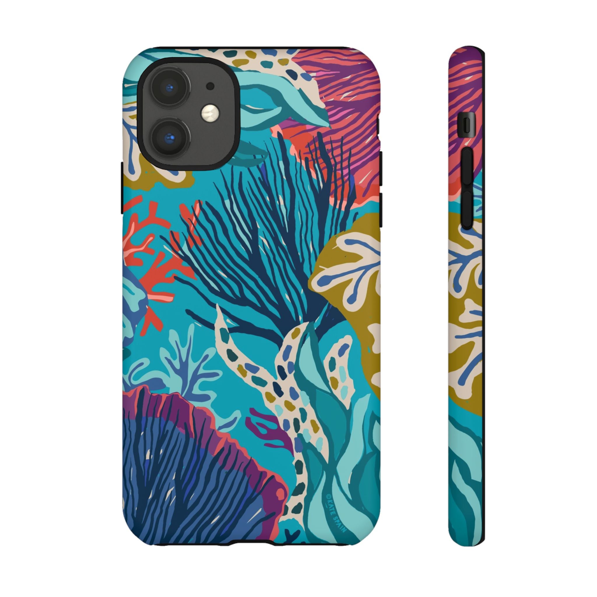 Reef Tough iPhone 11 Case – Matte | teal, coral, navy, purple botanical coral reef print