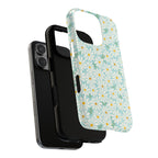 Daisies MagSafe iPhone 16 Pro Max Case – Dual-layered view of case and inner lining in front of phone, with view of camera cutout and buttons