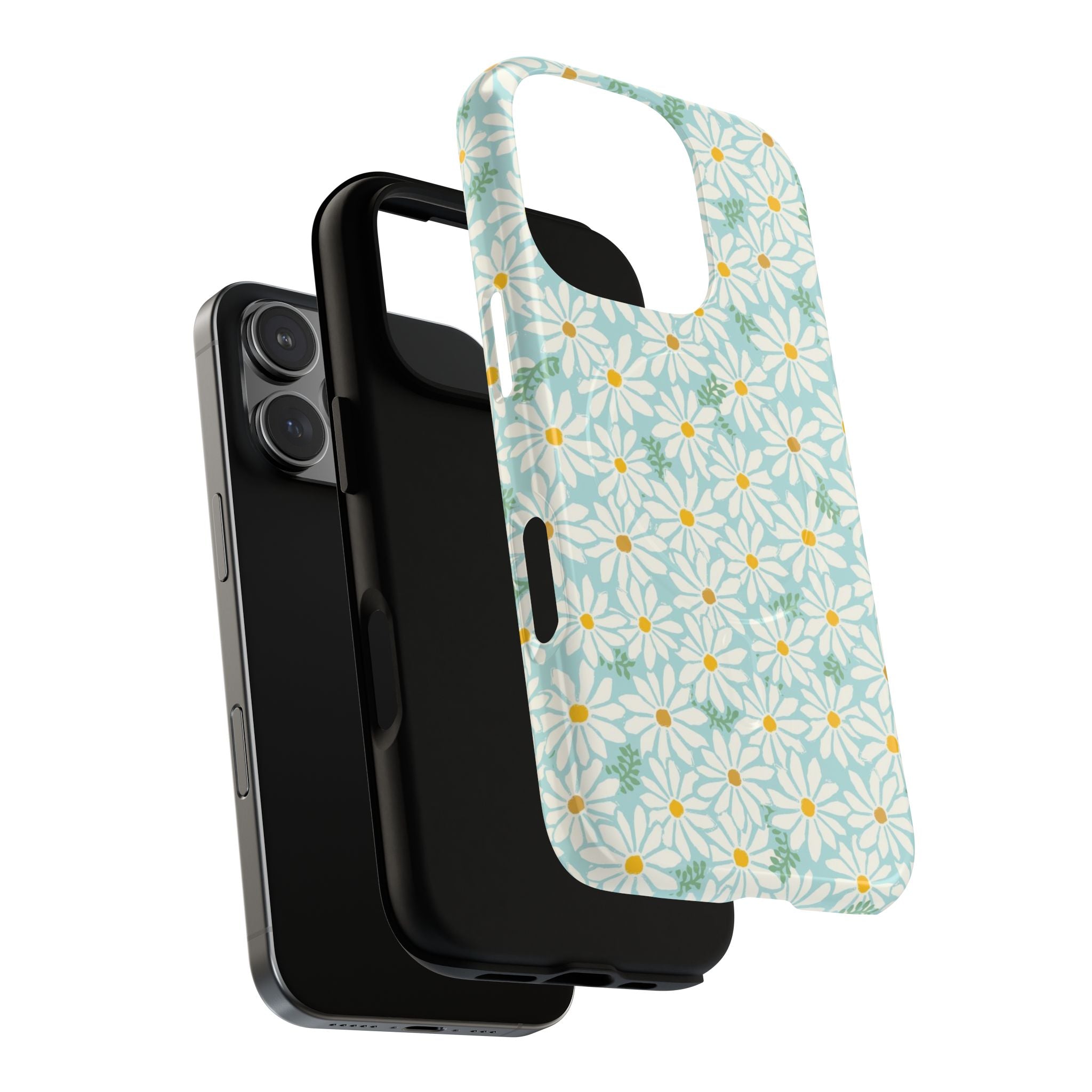 Daisies MagSafe iPhone 16 Pro Max Case – Dual-layered view of case and inner lining in front of phone, with view of camera cutout and buttons