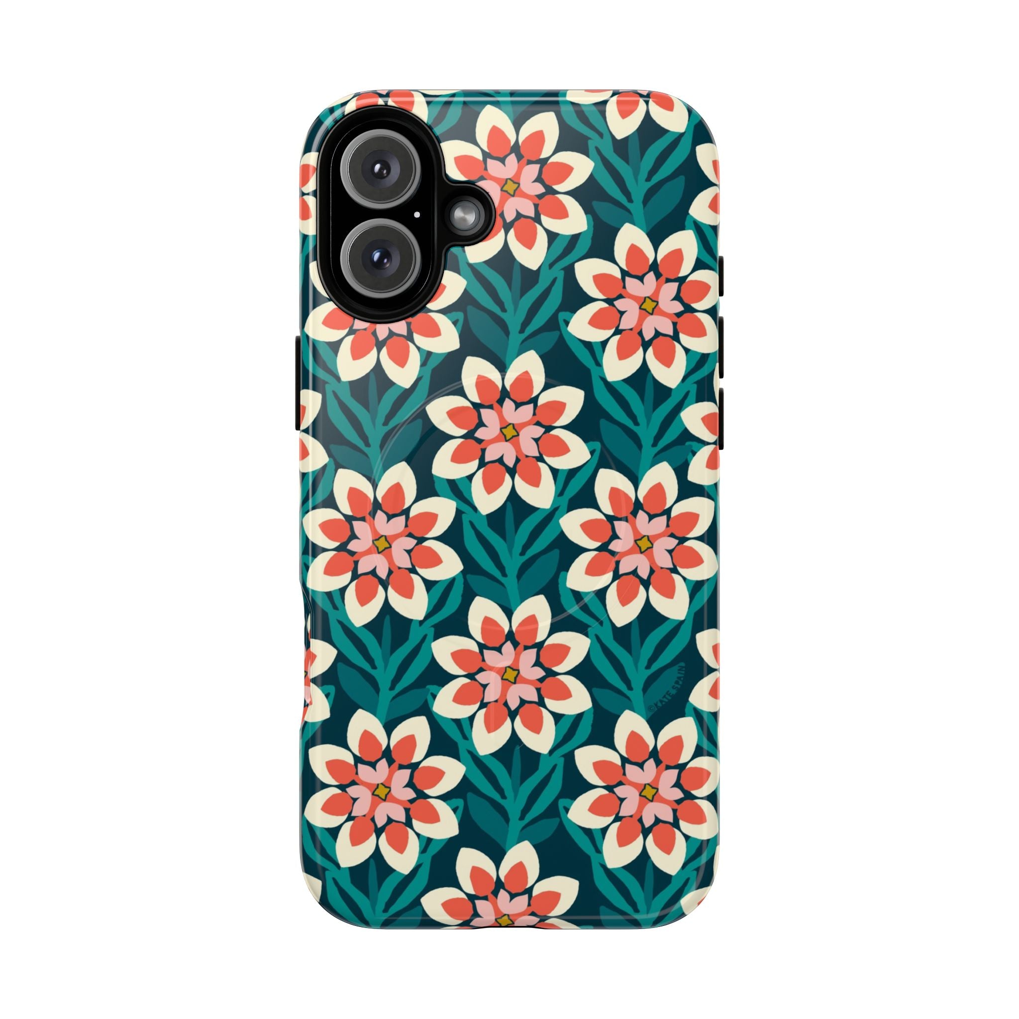Modern Dahlia MagSafe iPhone 16 Plus Case – Glossy | teal, coral, cream botanical dahlia floral print