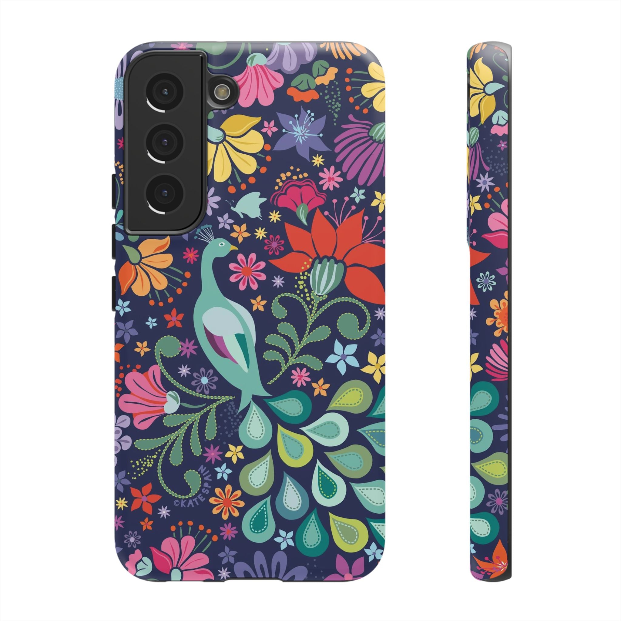 Luxury Peacock Sanctuary Samsung Galaxy S22 Case – Matte | navy, teal, coral multicolor vibrant peacock feather botanical print