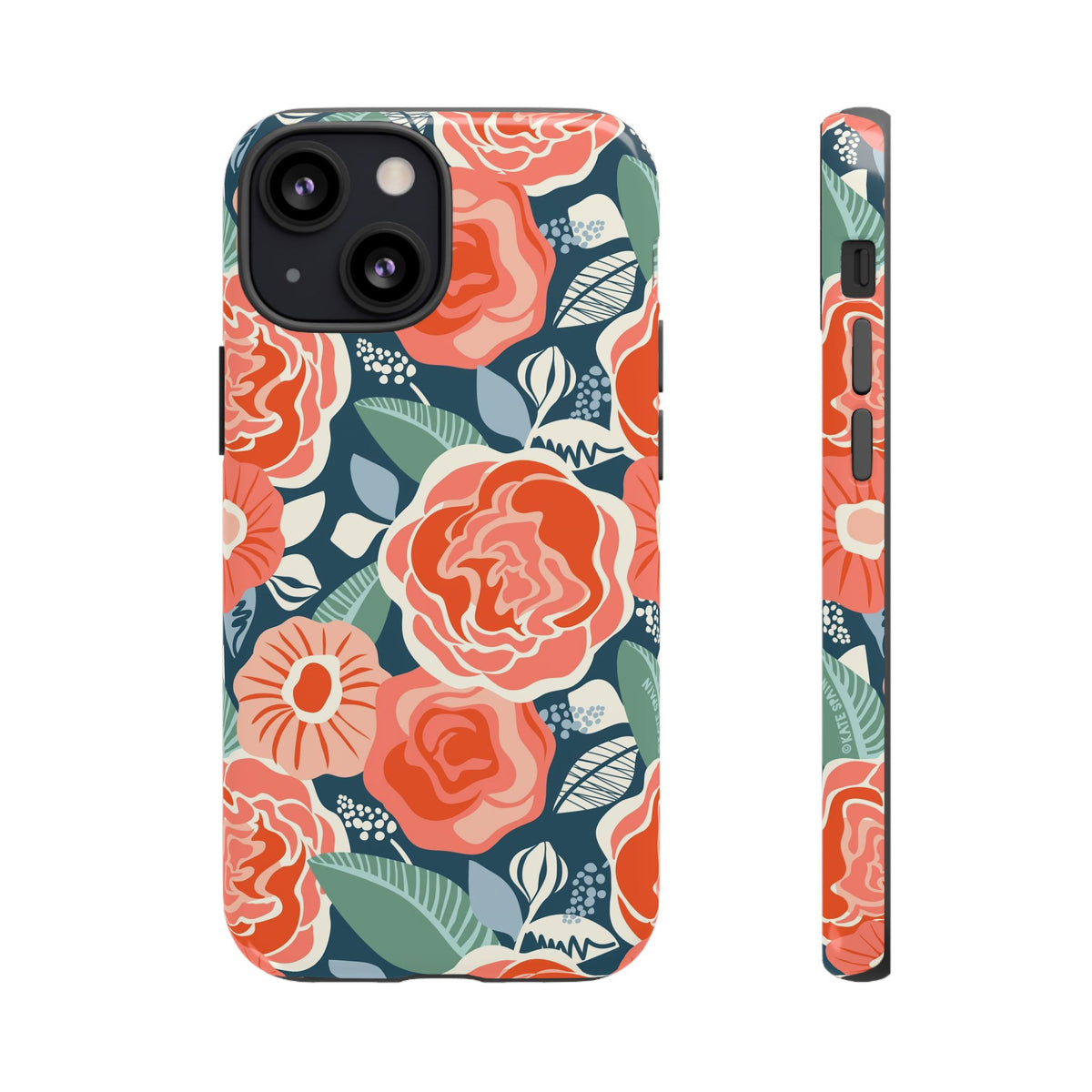 Tea Rose Navy Tough iPhone 13 Mini Case – Glossy | navy, coral, peach botanical rose floral print