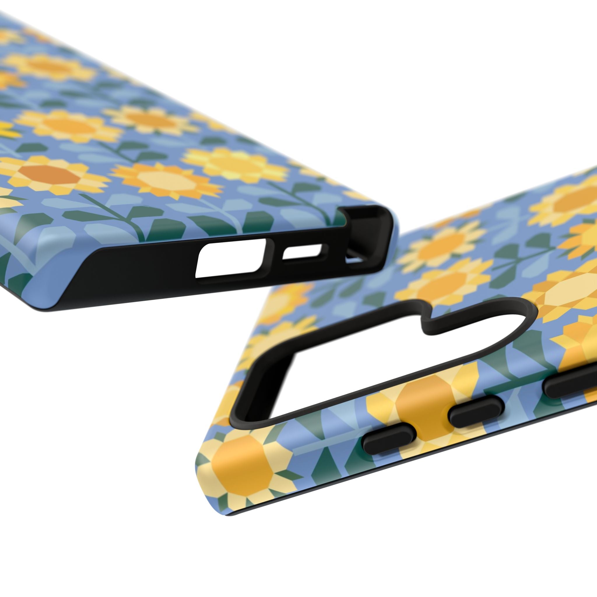 Luxury Sunflowers Samsung Galaxy S24 Ultra Case – Glossy | close-up of sides, buttons, and ports in case in blue, yellow, gold geometric sunflower print