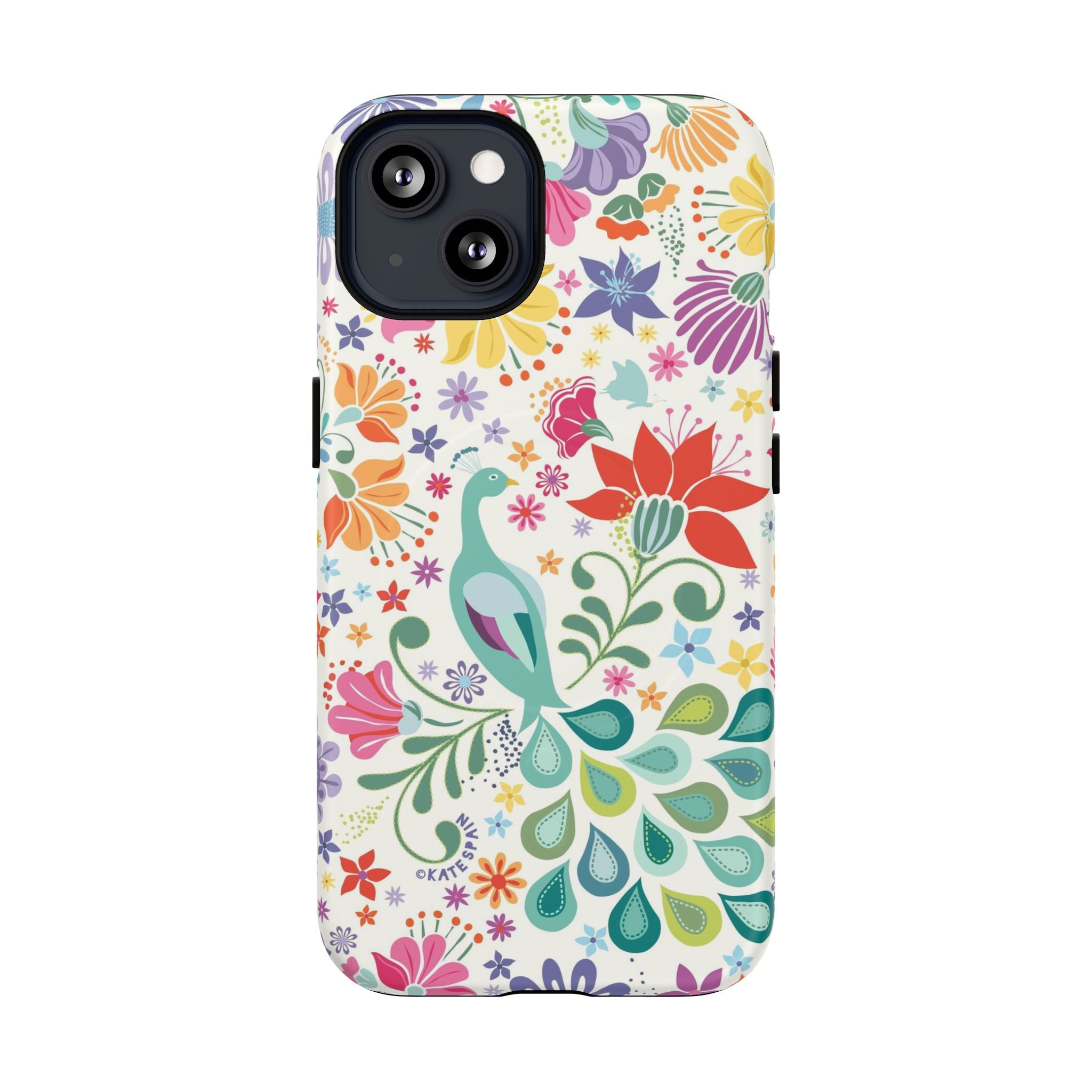 Peacock Sanctuary MagSafe iPhone 13 Case – Matte | cream, teal, coral multicolor vibrant peacock feather botanical print