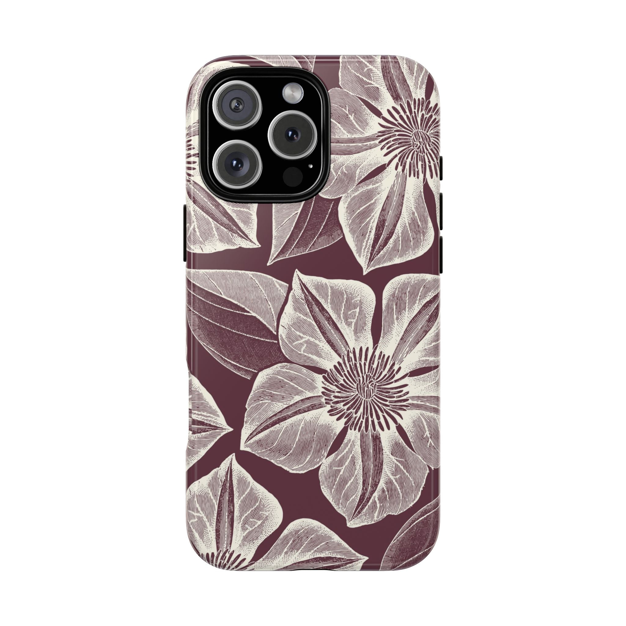 Vintage Bloom Burgundy iPhone 16 Pro Max case – Glossy | burgundy ground, large-scale cream clematis print, engraved petal detail, dual-layer protection