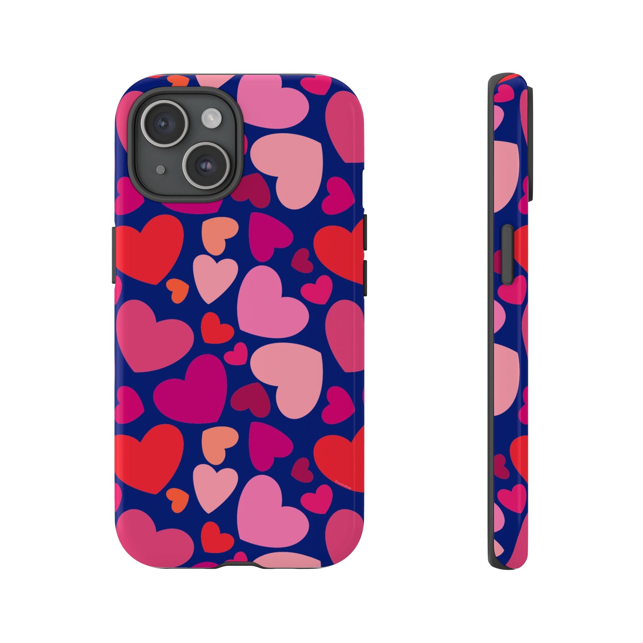 Hearts Tough iPhone 15 Case – Glossy | navy, pink, red, coral scattered heart print