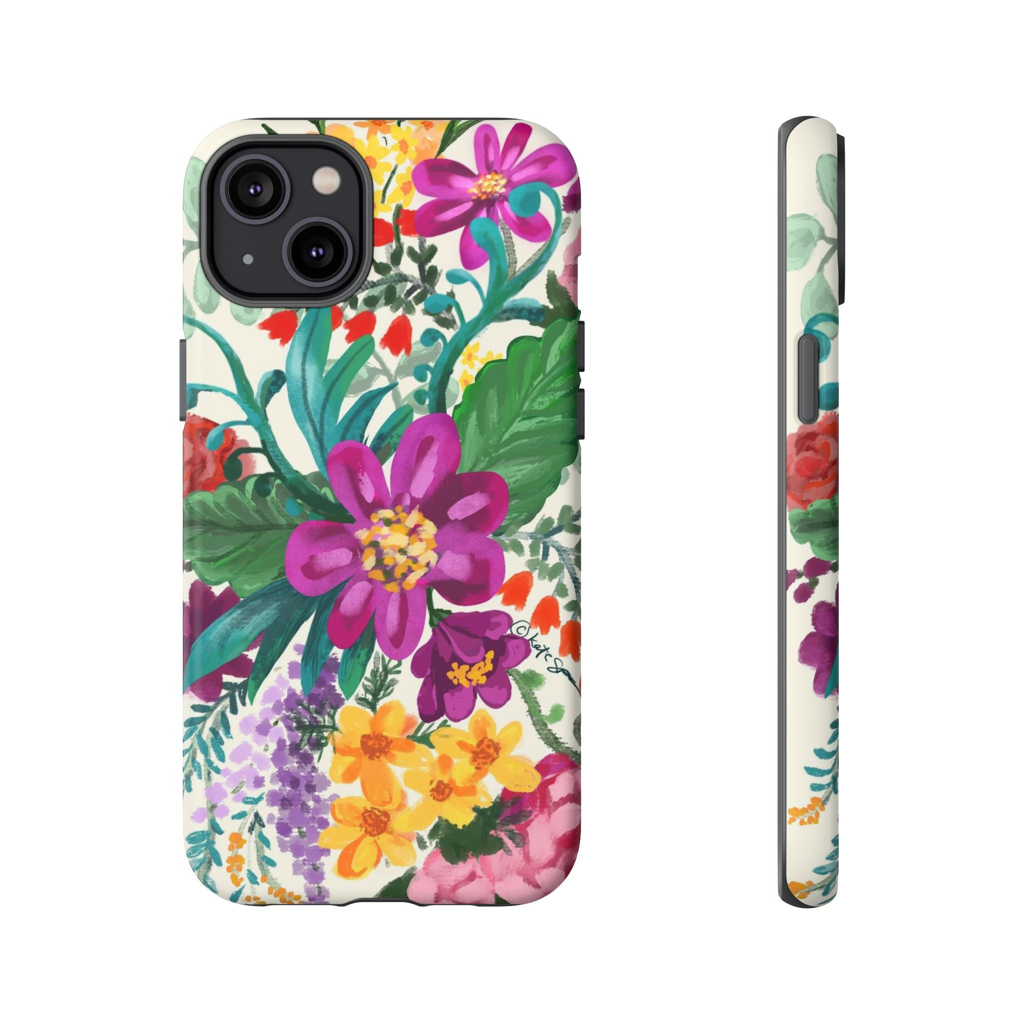 Posy Tough iPhone 14 Plus Case – Matte | cream, magenta, coral botanical floral print