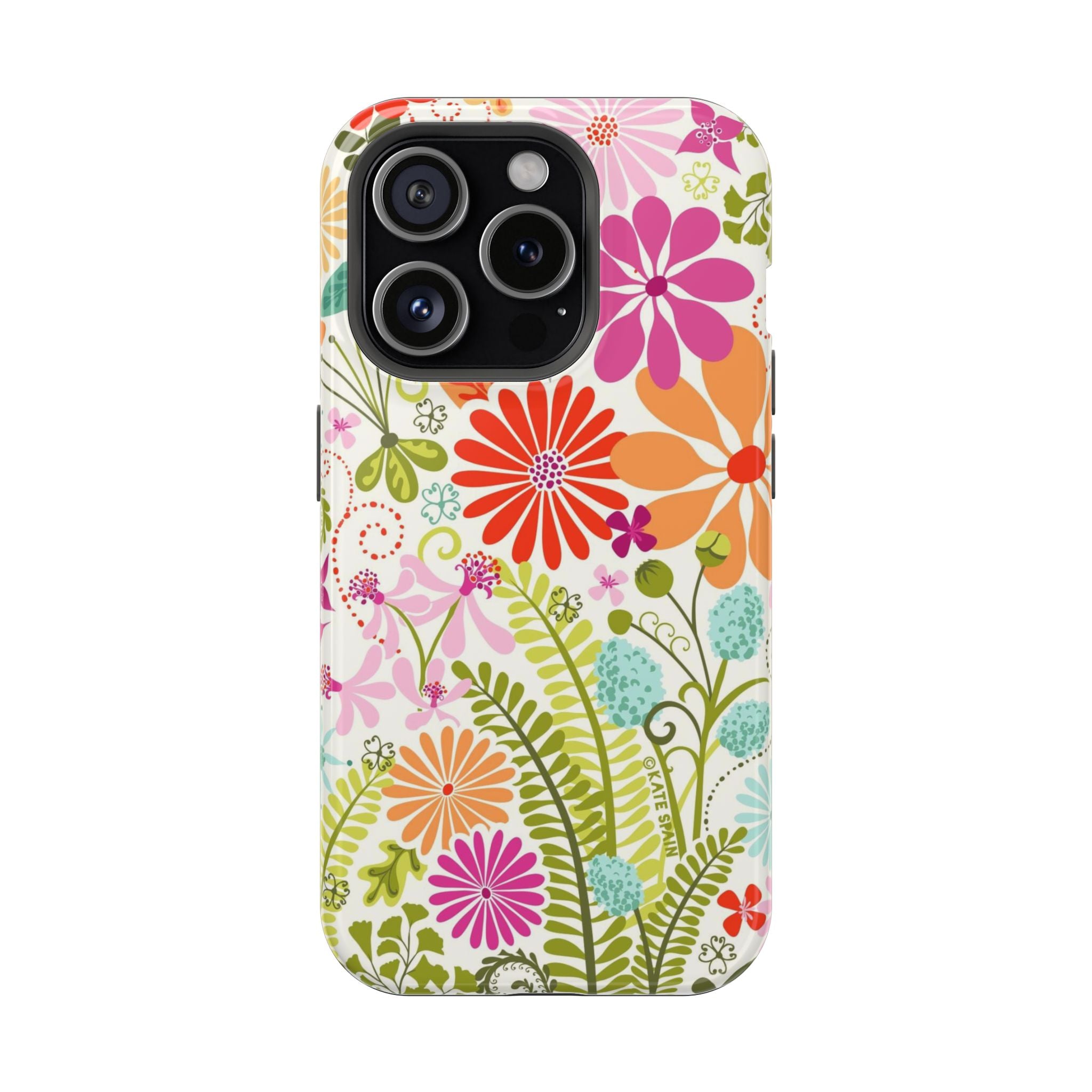 Luxury Terrain MagSafe iPhone 15 Plus Case – Glossy | white, magenta, coral botanical woodland floral print