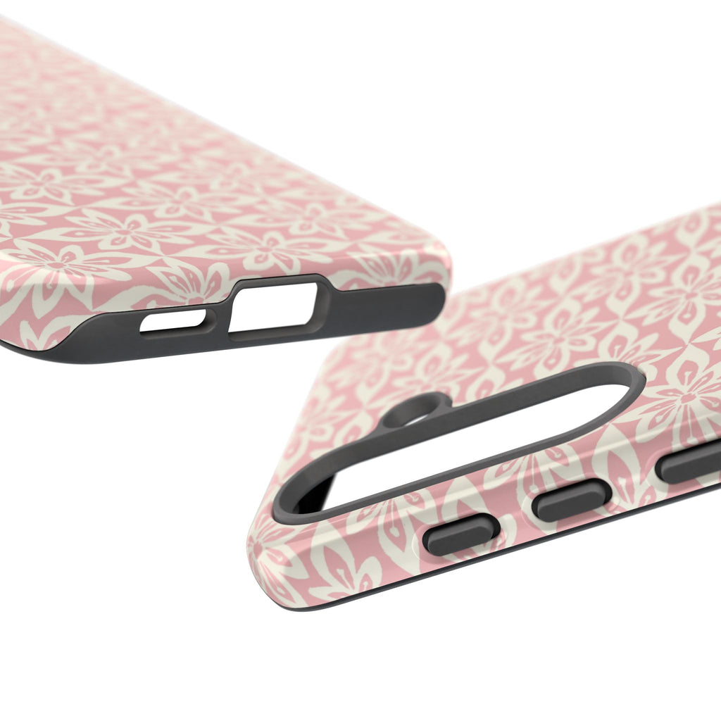 Lily Pastel Pink Samsung Galaxy S25 Glossy case — dual view showing ports, camera cutout, and buttons — graphic white lily on pastel pink by Kate Spain