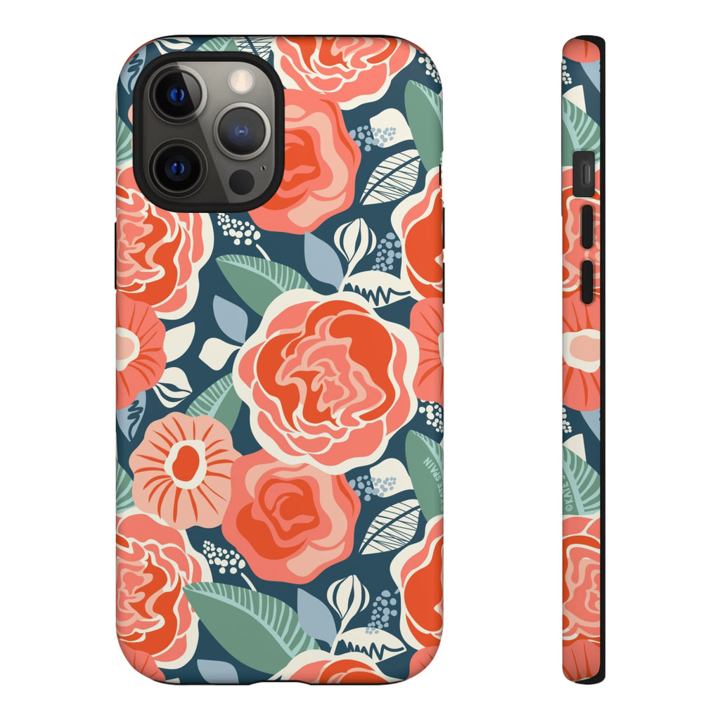 Tea Rose Navy Tough iPhone 13 Case – Matte | navy, coral, pink, cream rose floral print