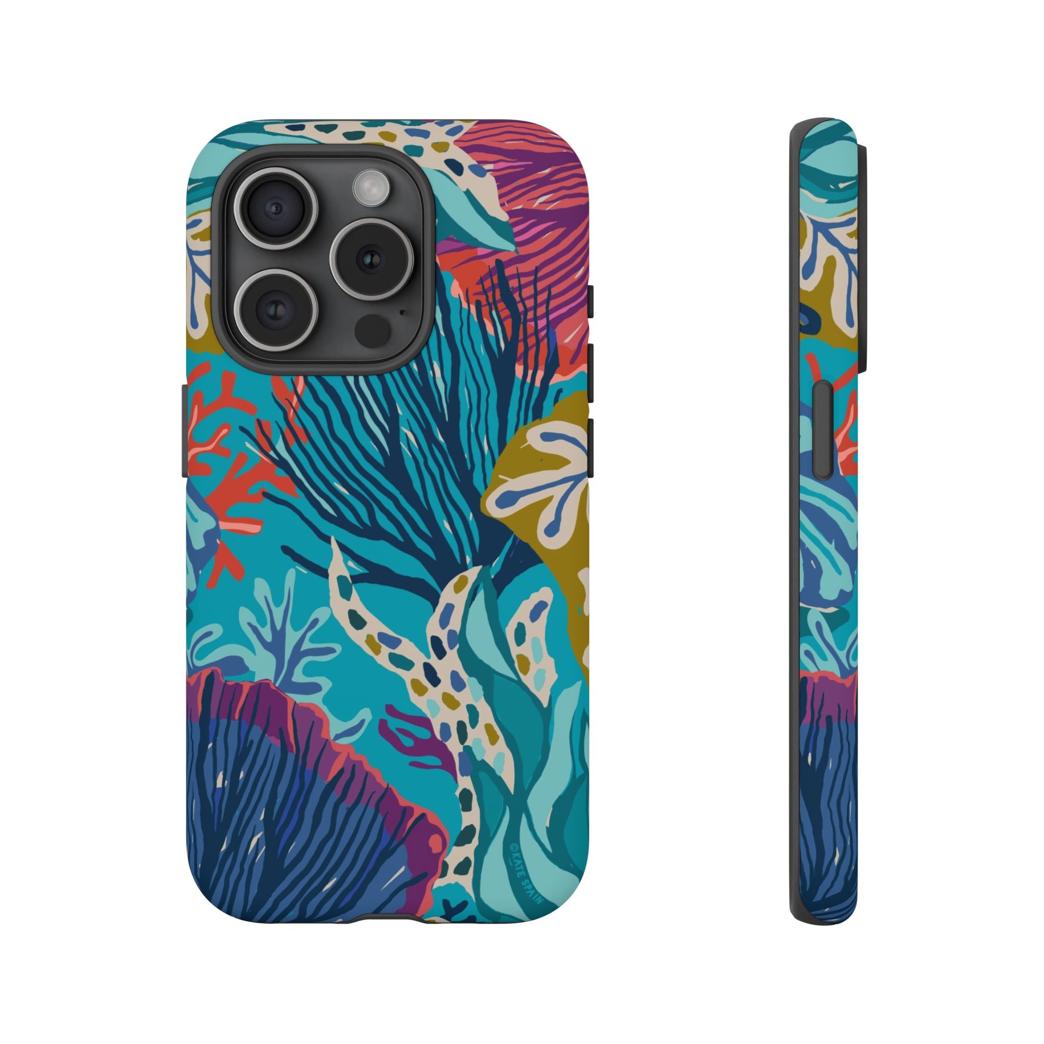 Reef Tough iPhone 15 Pro Case – Matte | teal, coral, navy, purple botanical coral reef print
