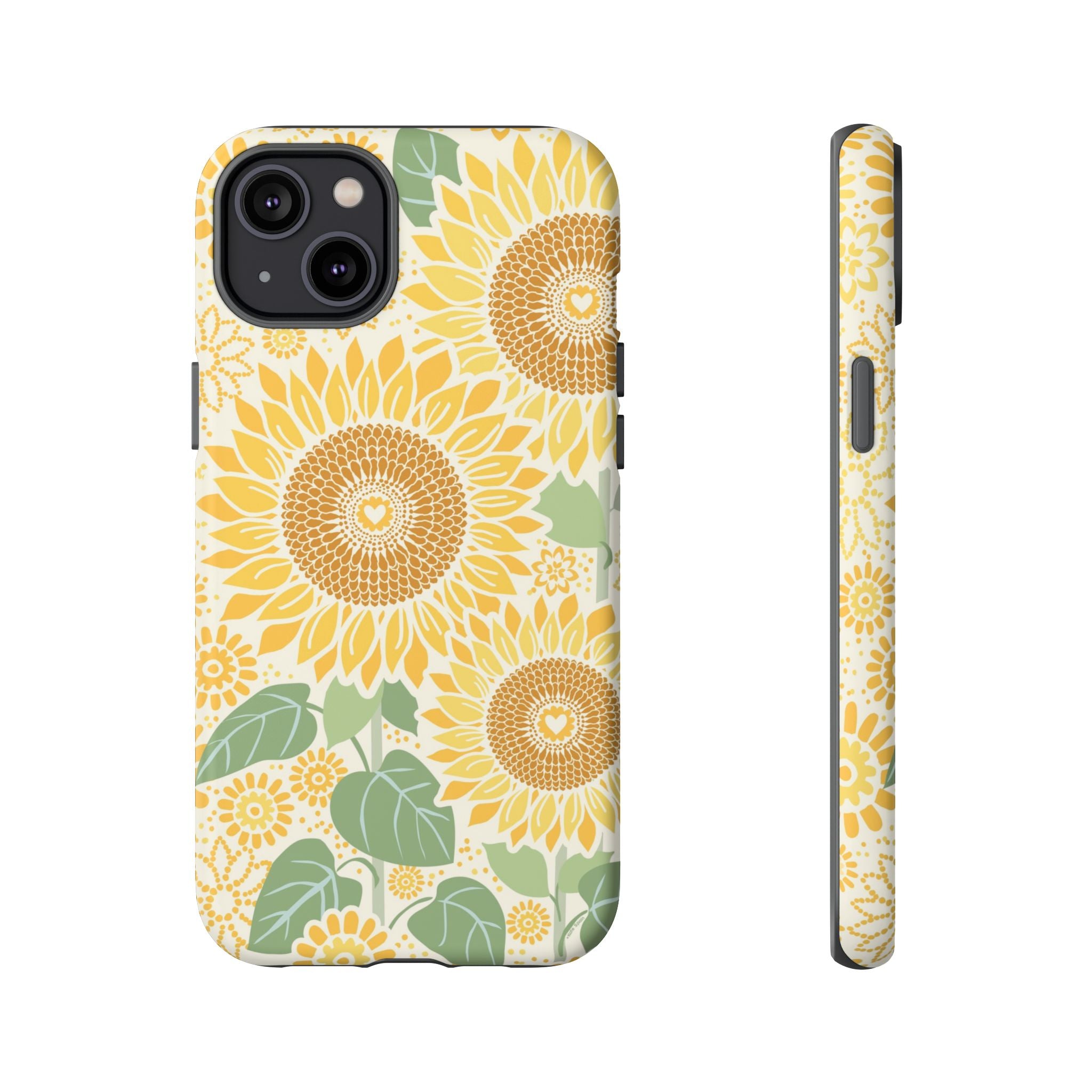 Sunny Sunflower iPhone 14 Plus case – Matte | cream ground, large-scale yellow sunflower print, golden seed detail with heart centers, dual-layer protection