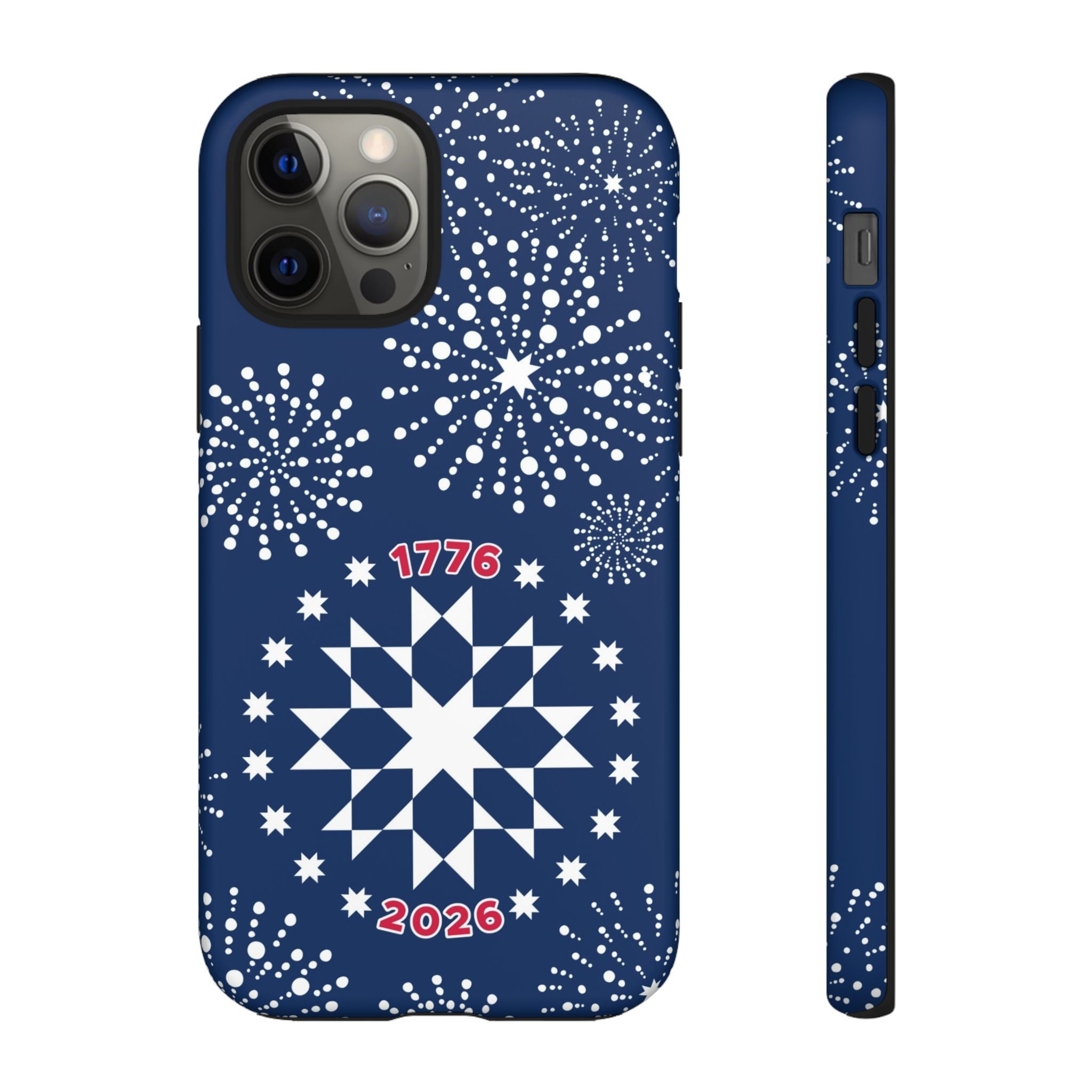 250th Fireworks Tough iPhone 12 Pro Case – Matte | navy, white patriotic star quilt fireworks print