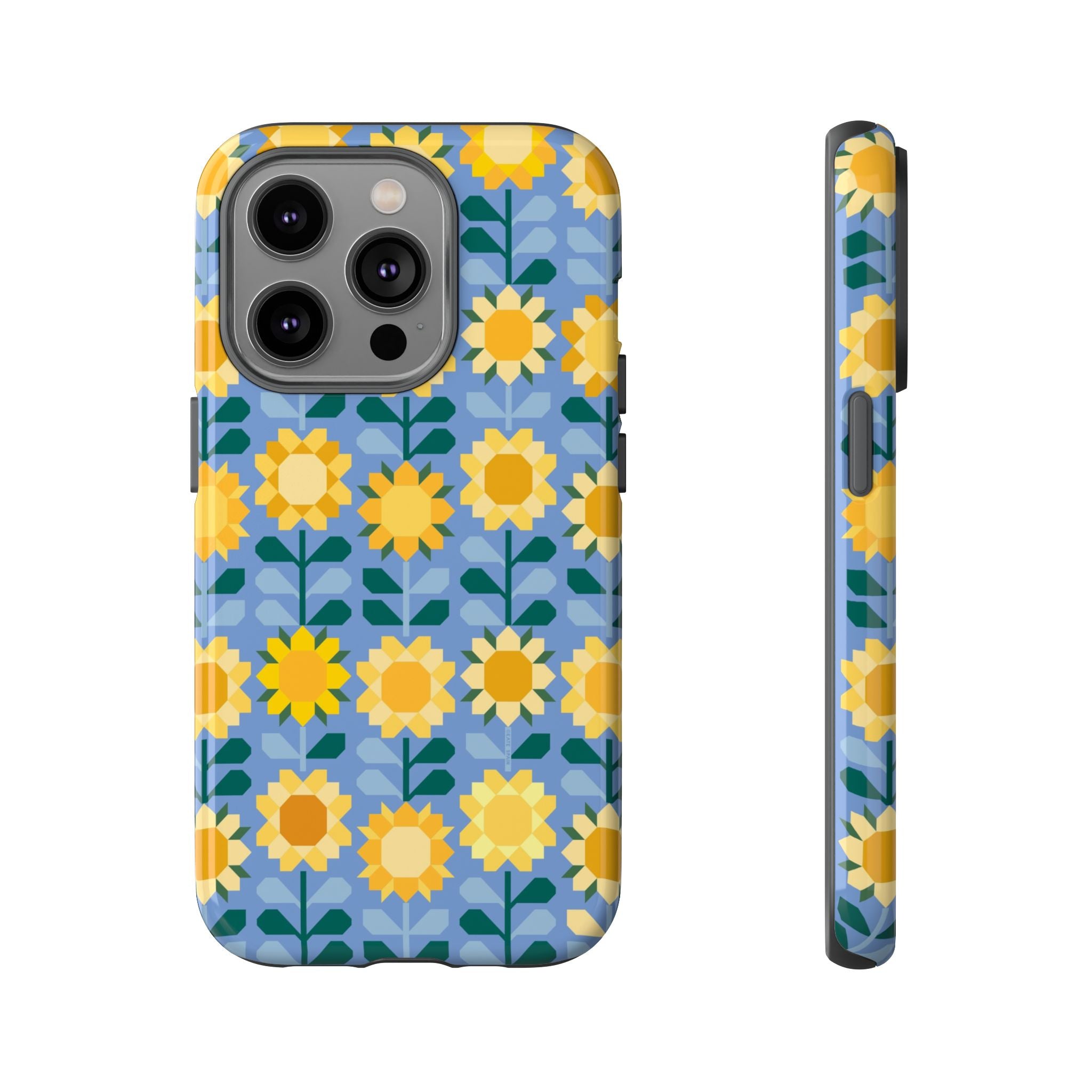 Sunflowers Tough iPhone 14 Pro Case – Glossy | blue, yellow, gold geometric sunflower print