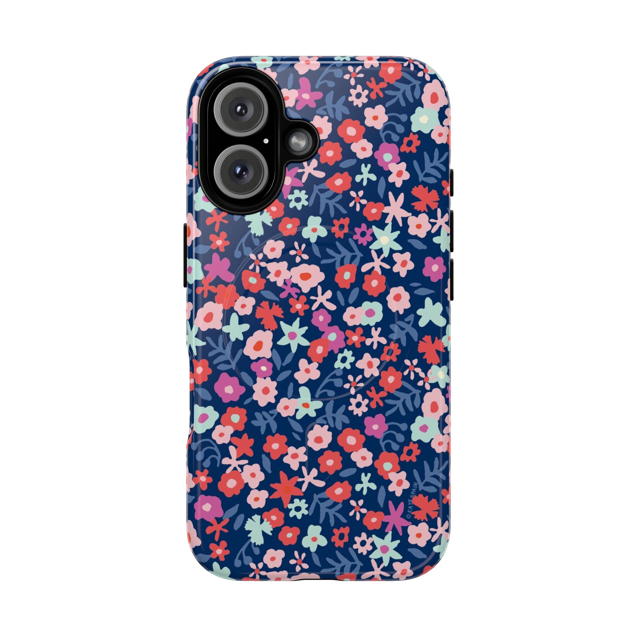 Primrose MagSafe iPhone 16 Case – Glossy | navy, pink, white ditsy floral print