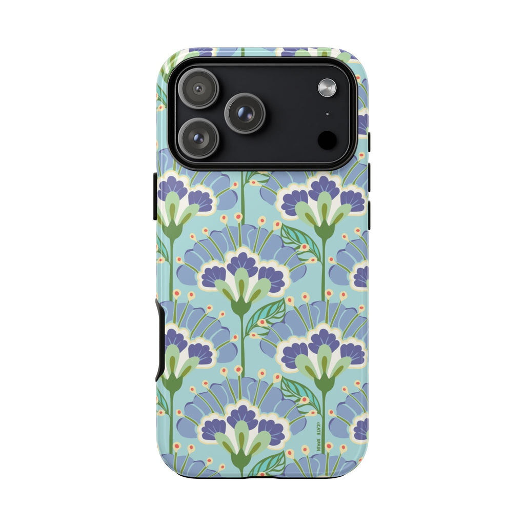 Lantern Flower Tough iPhone 17 Pro Max Case – Glossy | aqua, periwinkle, green botanical lantern floral print