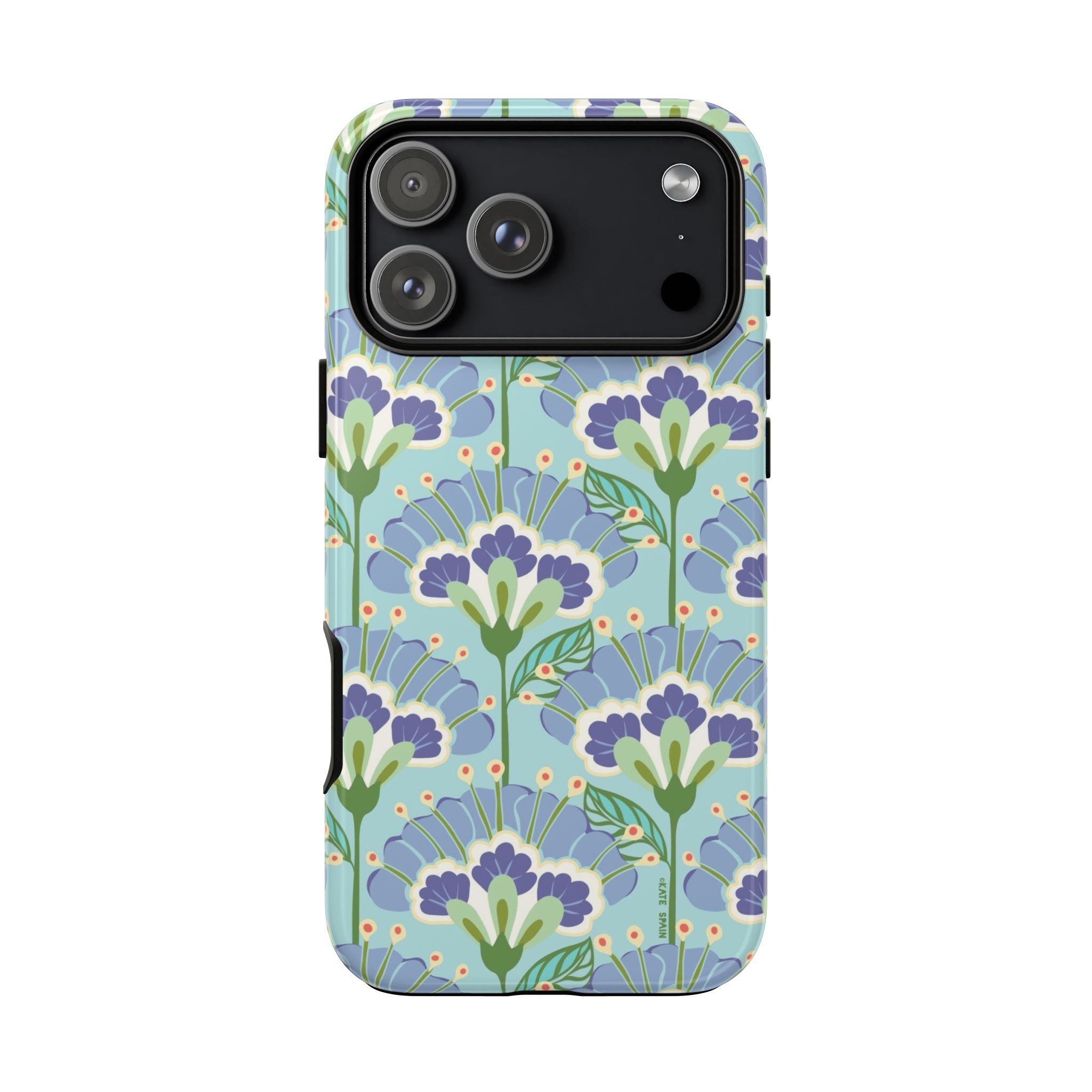 Lantern Flower Tough iPhone 17 Pro Max Case – Glossy | aqua, periwinkle, green botanical lantern floral print