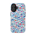 Phone case with colorful fish pattern on a blue background