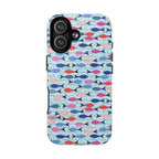 Phone case with colorful fish pattern on a blue background