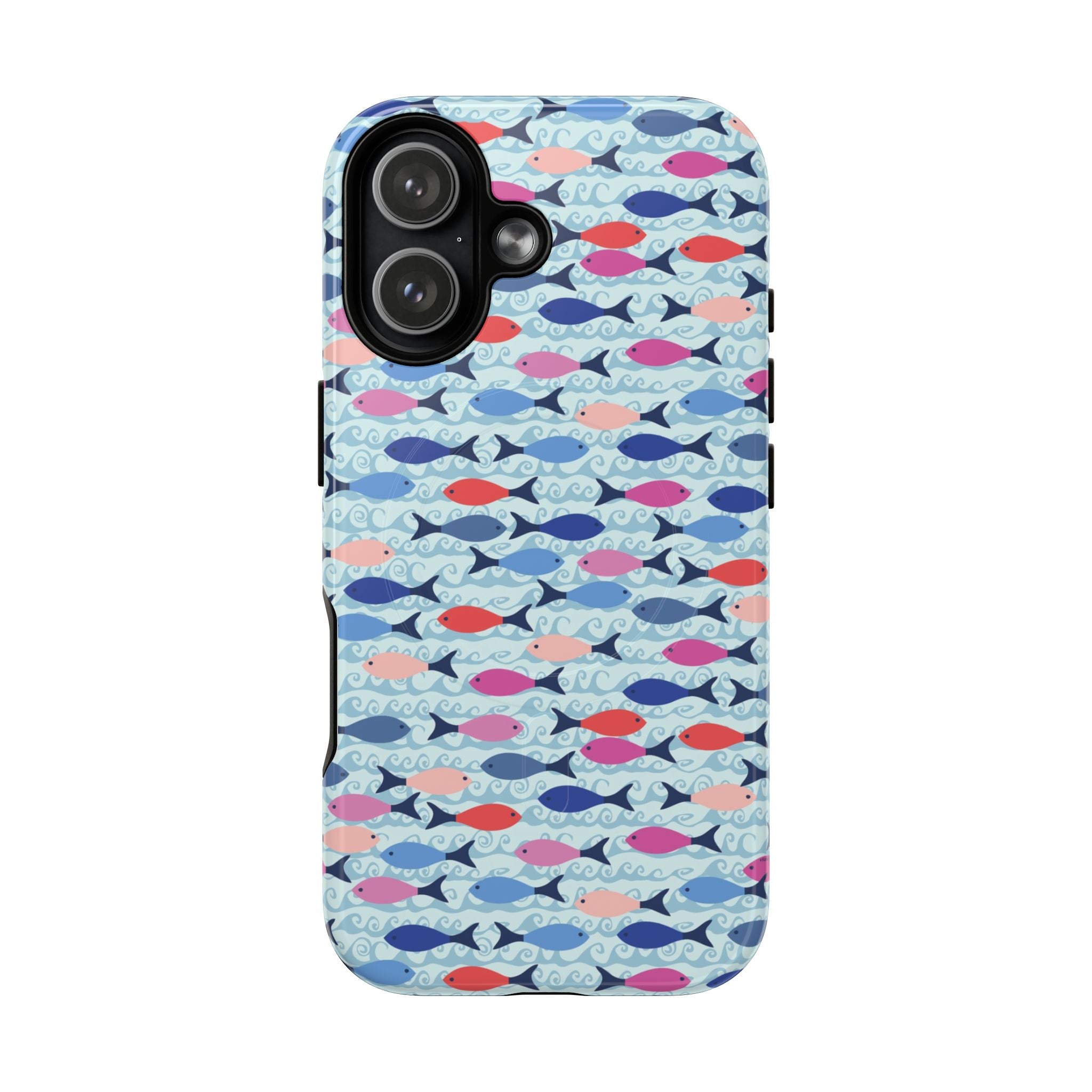 Phone case with colorful fish pattern on a blue background