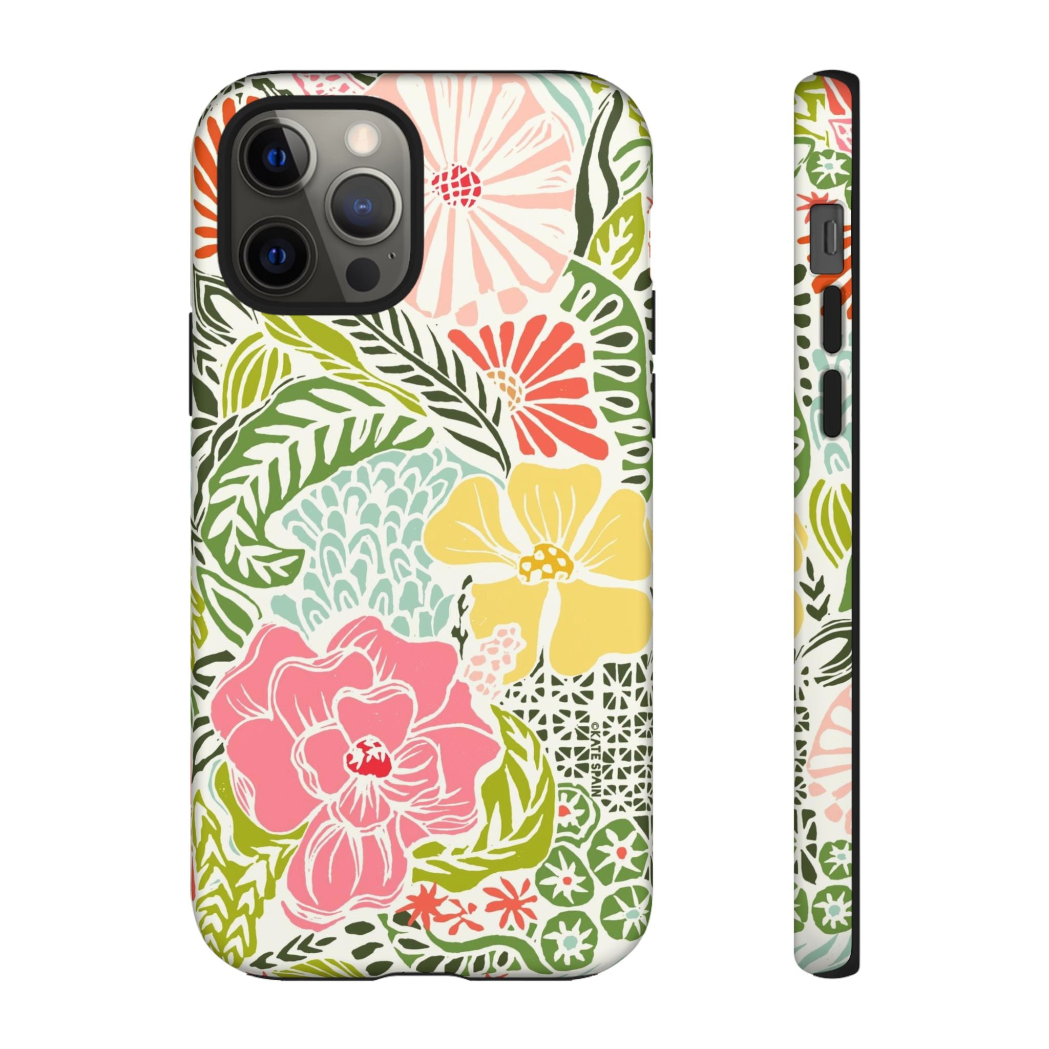 Tropica Tough iPhone 12 Pro Case – Matte | cream, pink, yellow, blue botanical floral print