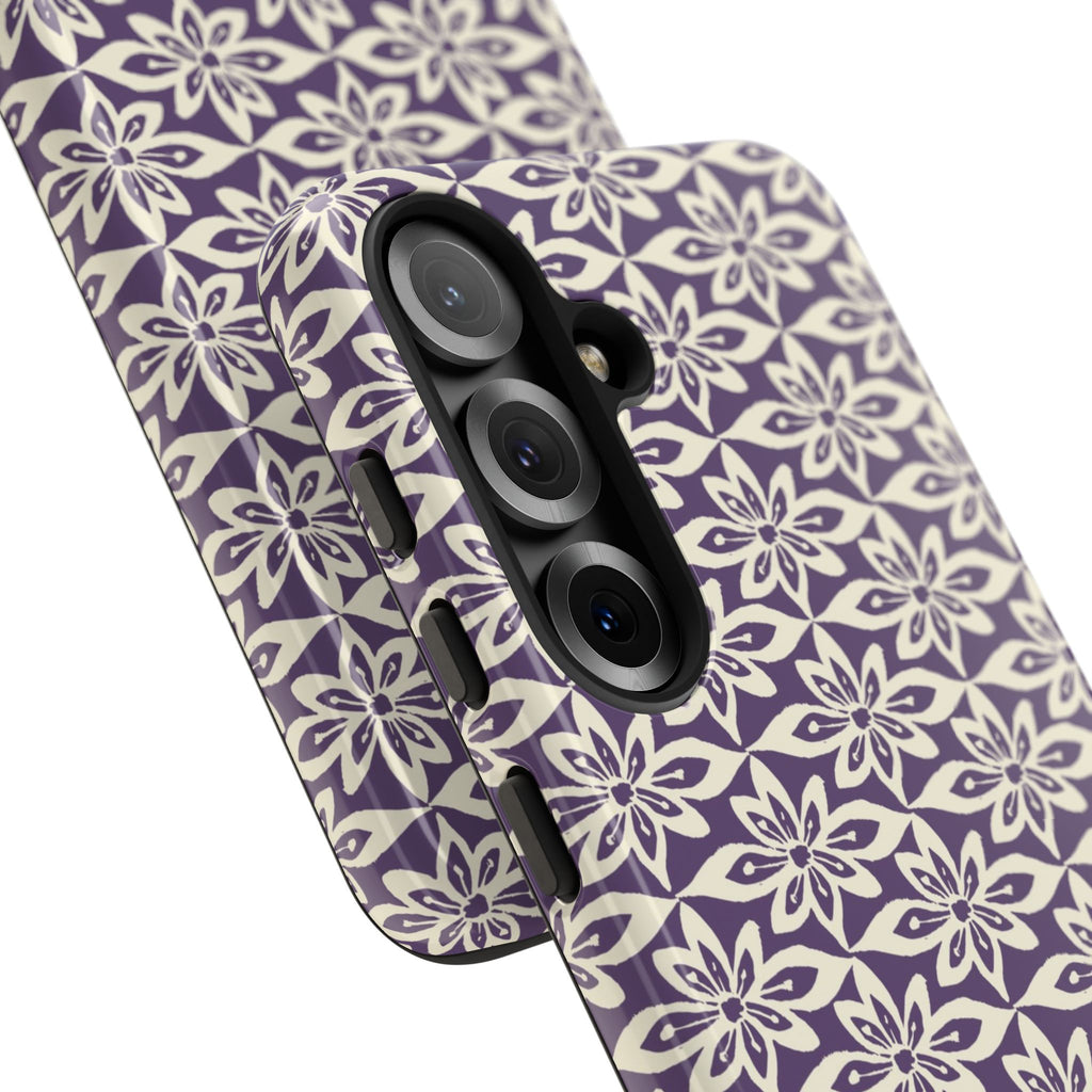 Lily Plum Samsung Galaxy S25 Glossy case — side angled view showing camera cutout and buttons — graphic white lily on rich violet by Kate Spain