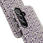 Lily Plum Samsung Galaxy S25 Glossy case — side angled view showing camera cutout and buttons — graphic white lily on rich violet by Kate Spain