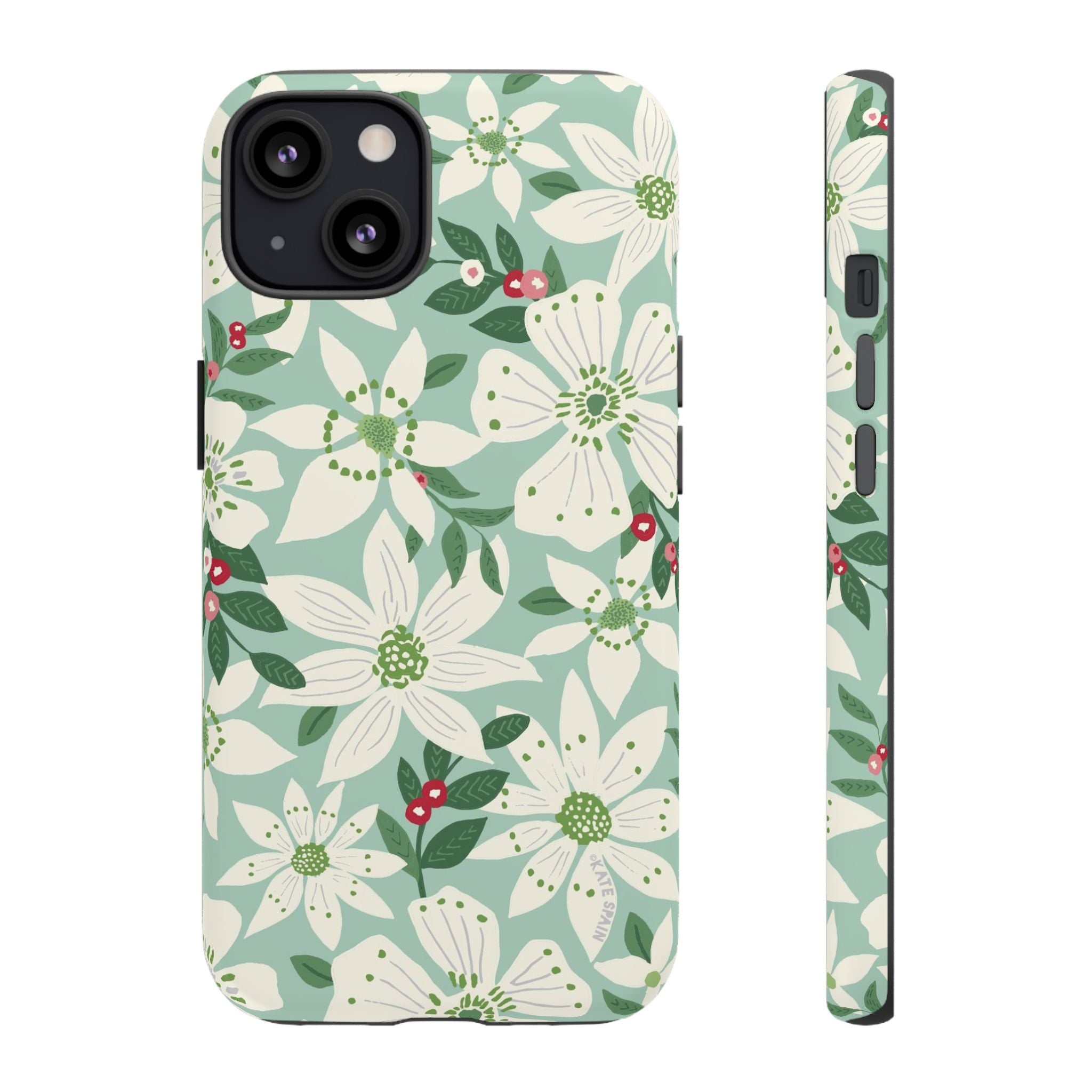 Gardenia Tough iPhone 13 Case – Glossy | light blue, white, green, red gardenia botanical print