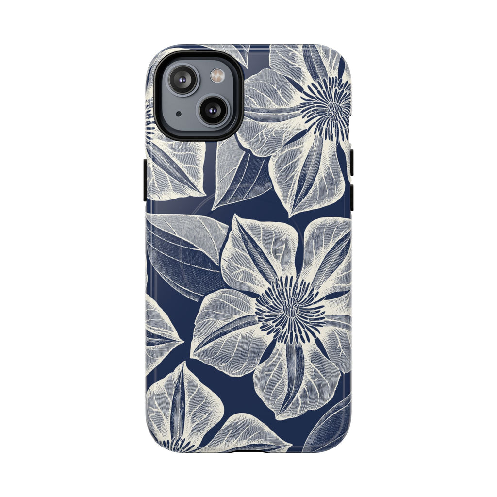 Vintage Bloom Navy MagSafe iPhone 14 Plus Case – Glossy | navy ground, large-scale white clematis print, engraved petal detail, dual-layer protection