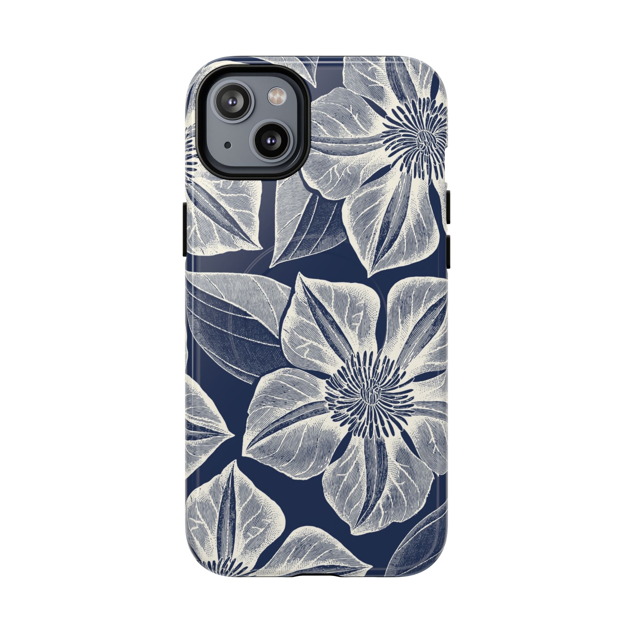 Vintage Bloom Navy MagSafe iPhone 14 Plus Case – Glossy | navy ground, large-scale white clematis print, engraved petal detail, dual-layer protection