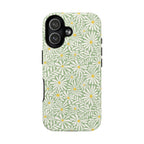 Montauk Daisy Meadow Green MagSafe iPhone 17 Case – Matte | sage green, white graphic daisy and fern print, golden yellow centers MagSafe compatible, dual-layer protection