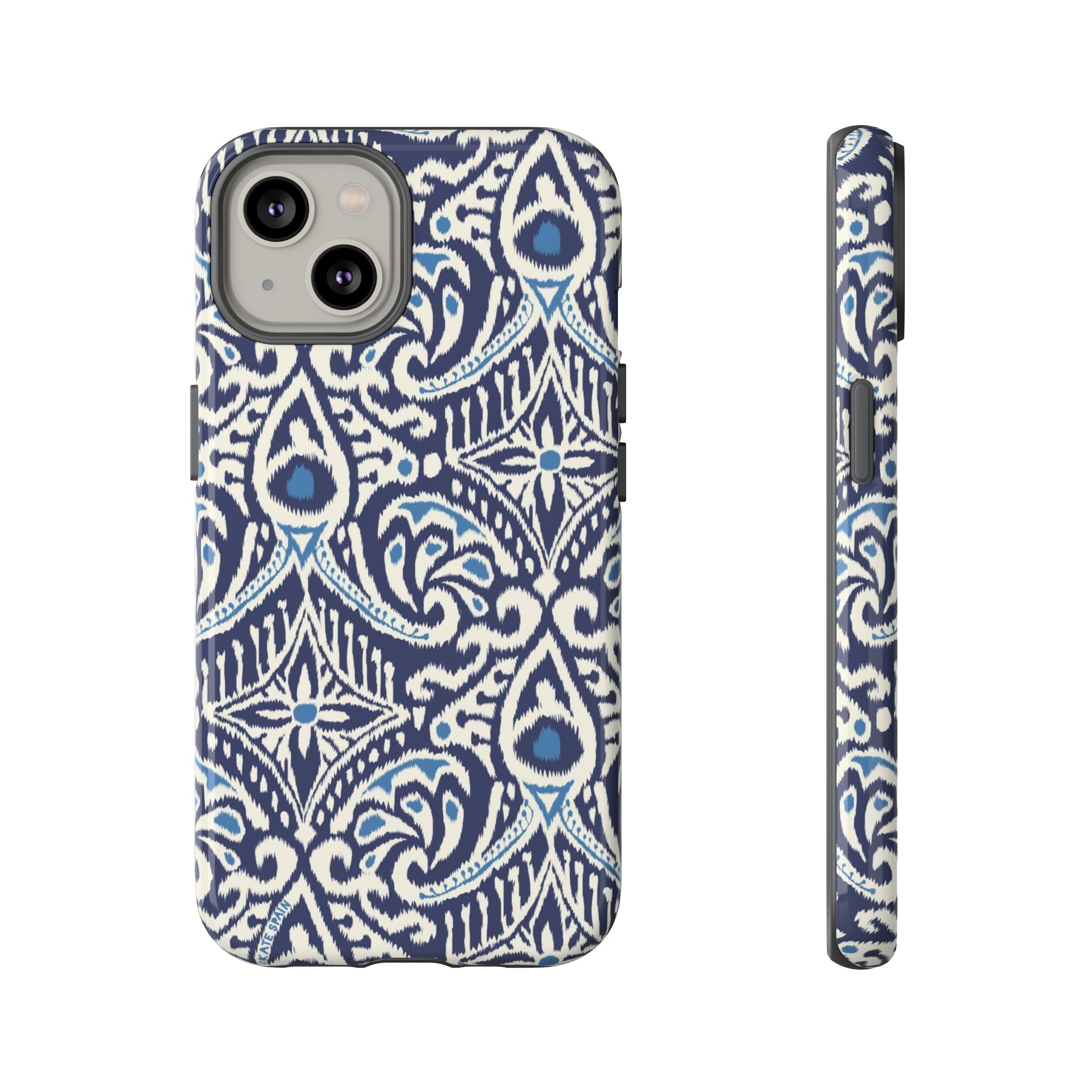 Ikat Tough iPhone 14 Case – Glossy | navy, cream, blue ikat medallion print