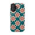 Modern Dahlia Tough iPhone 17 Case – Glossy | teal, coral, cream geometric dahlia floral print