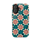 Modern Dahlia Tough iPhone 17 Case – Glossy | teal, coral, cream geometric dahlia floral print
