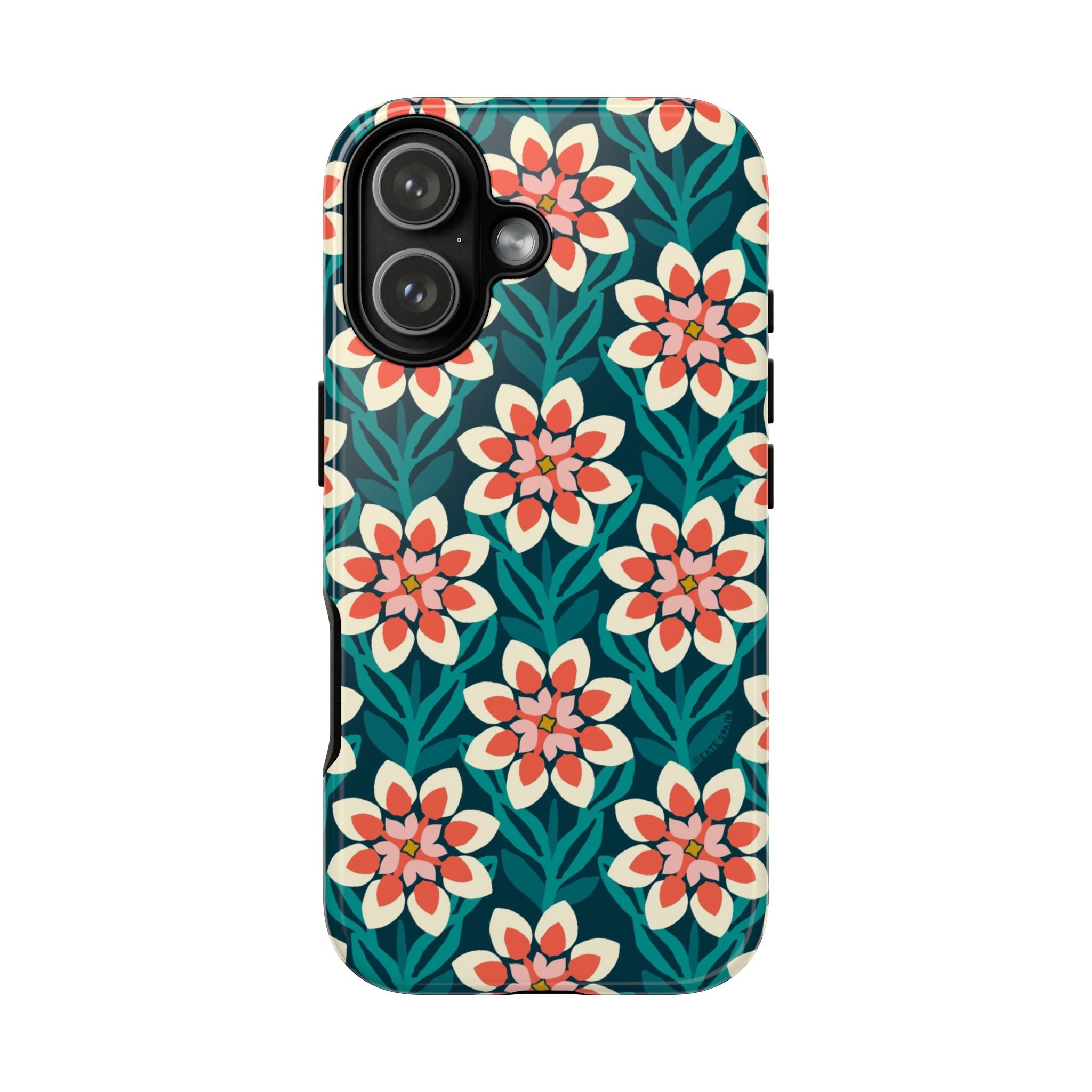 Modern Dahlia Tough iPhone 17 Case – Glossy | teal, coral, cream geometric dahlia floral print