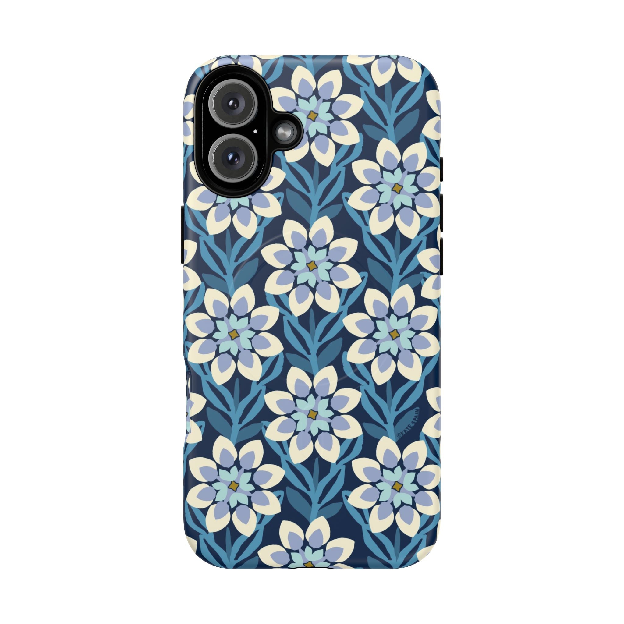 Luxury Modern Dahlia MagSafe iPhone 16 Plus Case – Matte | navy, slate blue, white geometric dahlia tile floral print