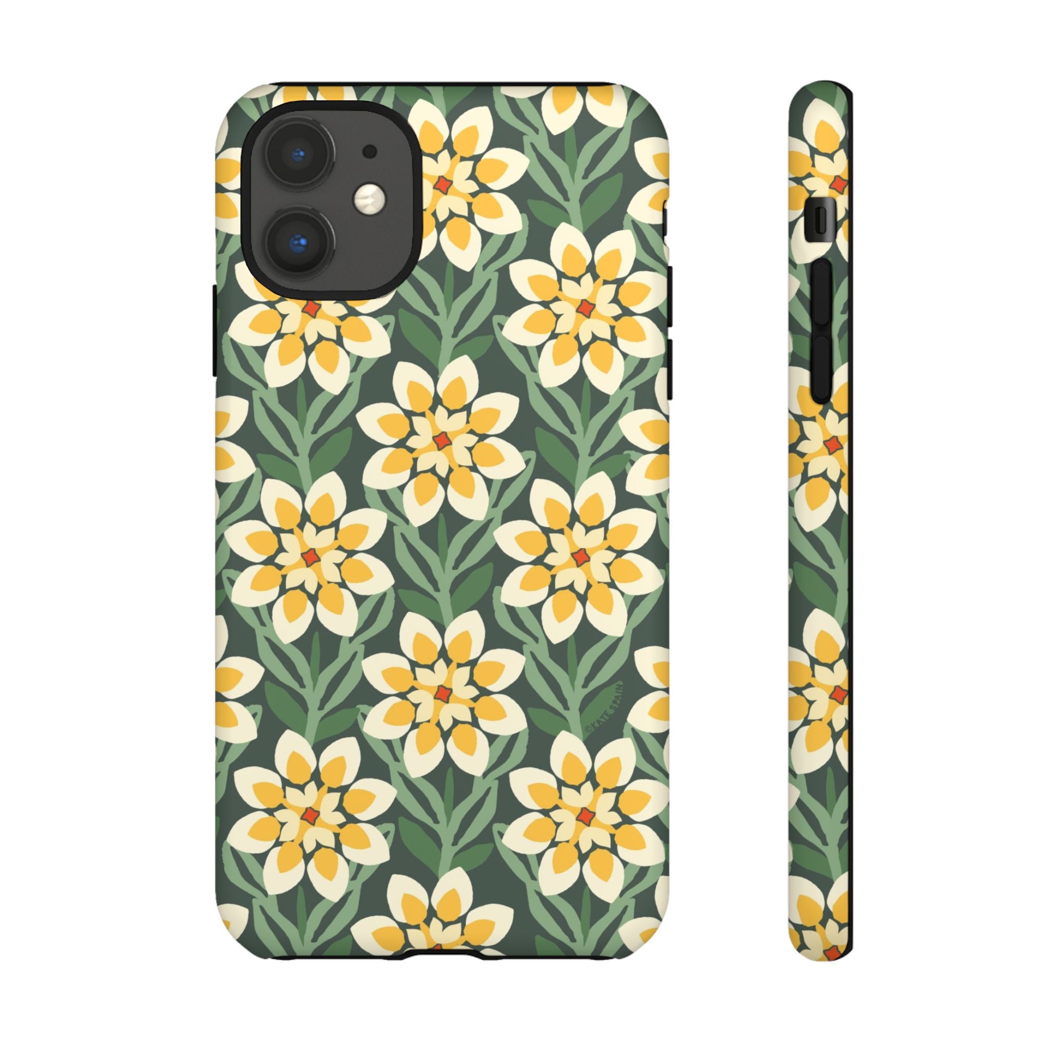 Designer Modern Dahlia Tough iPhone 11 Case – Matte | yellow, cream, green dahlia floral print