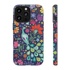 Peacock Sanctuary Tough iPhone 13 Pro Case – Matte | navy, teal, coral multicolor vibrant peacock feather botanical print