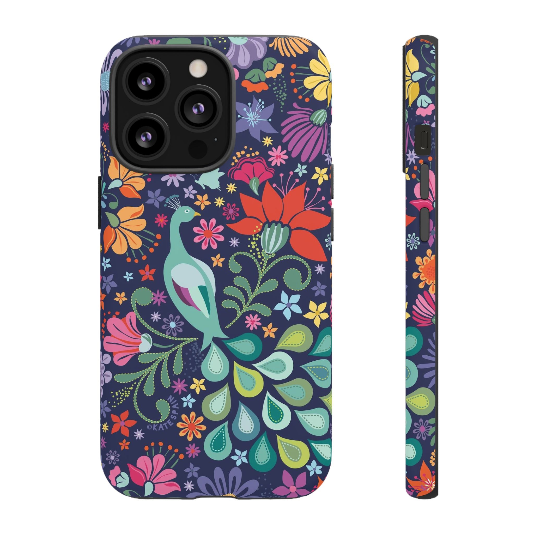 Peacock Sanctuary Tough iPhone 13 Pro Case – Matte | navy, teal, coral multicolor vibrant peacock feather botanical print