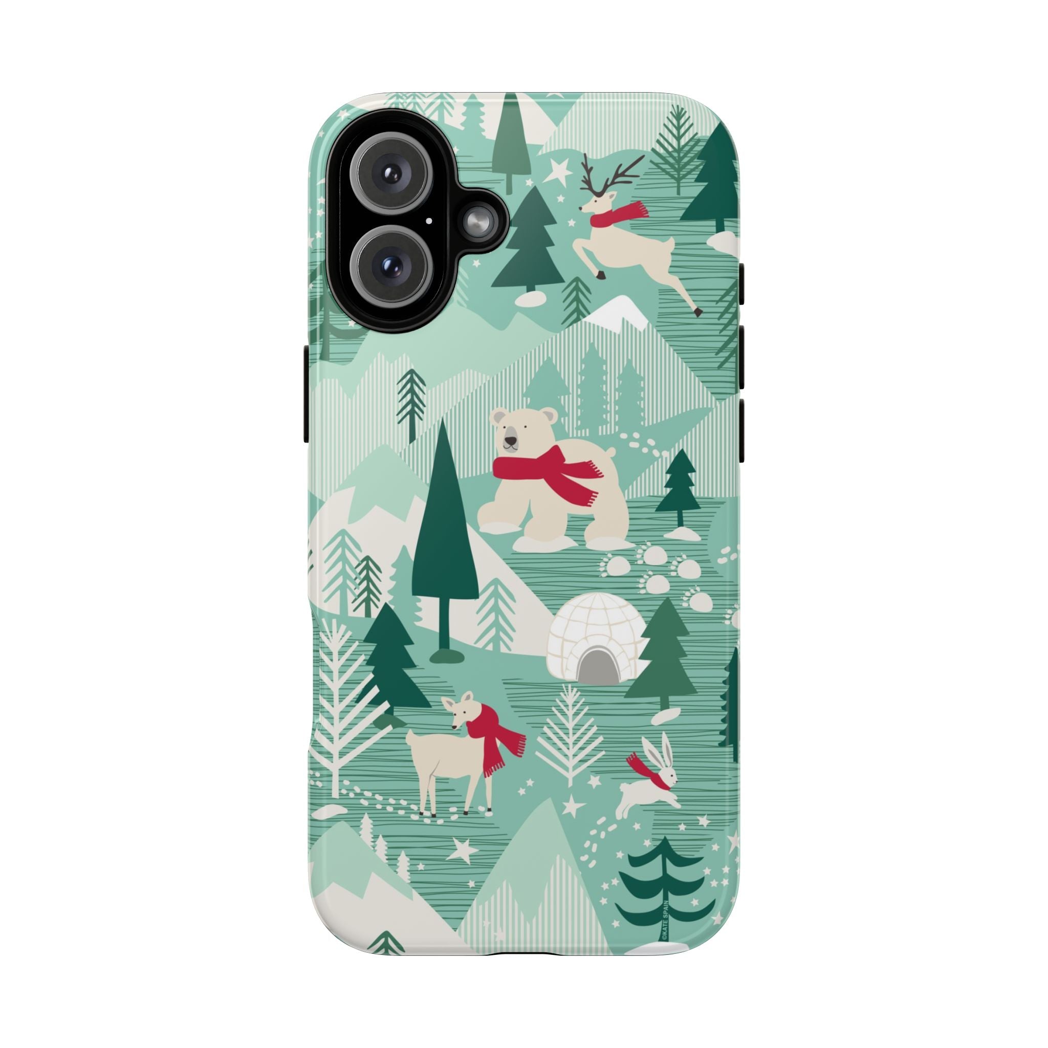 Arctica Winter Tough iPhone 16 Plus Case – Glossy | aqua, evergreen, white, animal frolic winter wonderland print