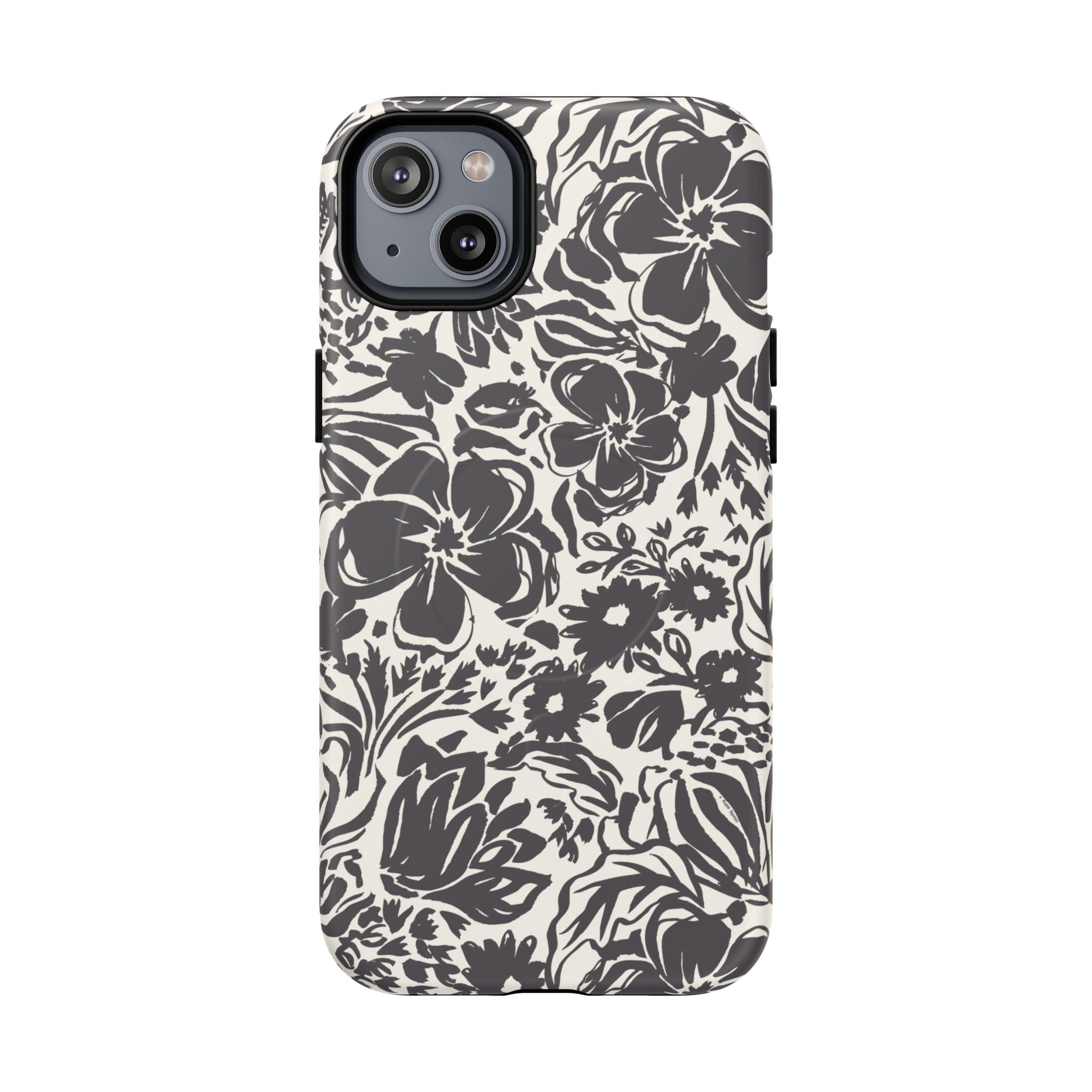 Rhapsody Black MagSafe iPhone 14 Plus Matte case — bold charcoal floral print on cream by Kate Spain