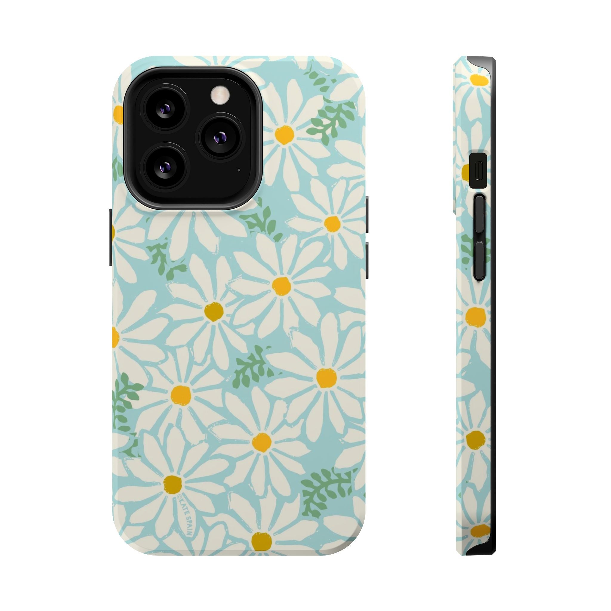 Daisies MagSafe iPhone 13 Pro Case – Glossy | white, yellow, aqua watercolor daisy print