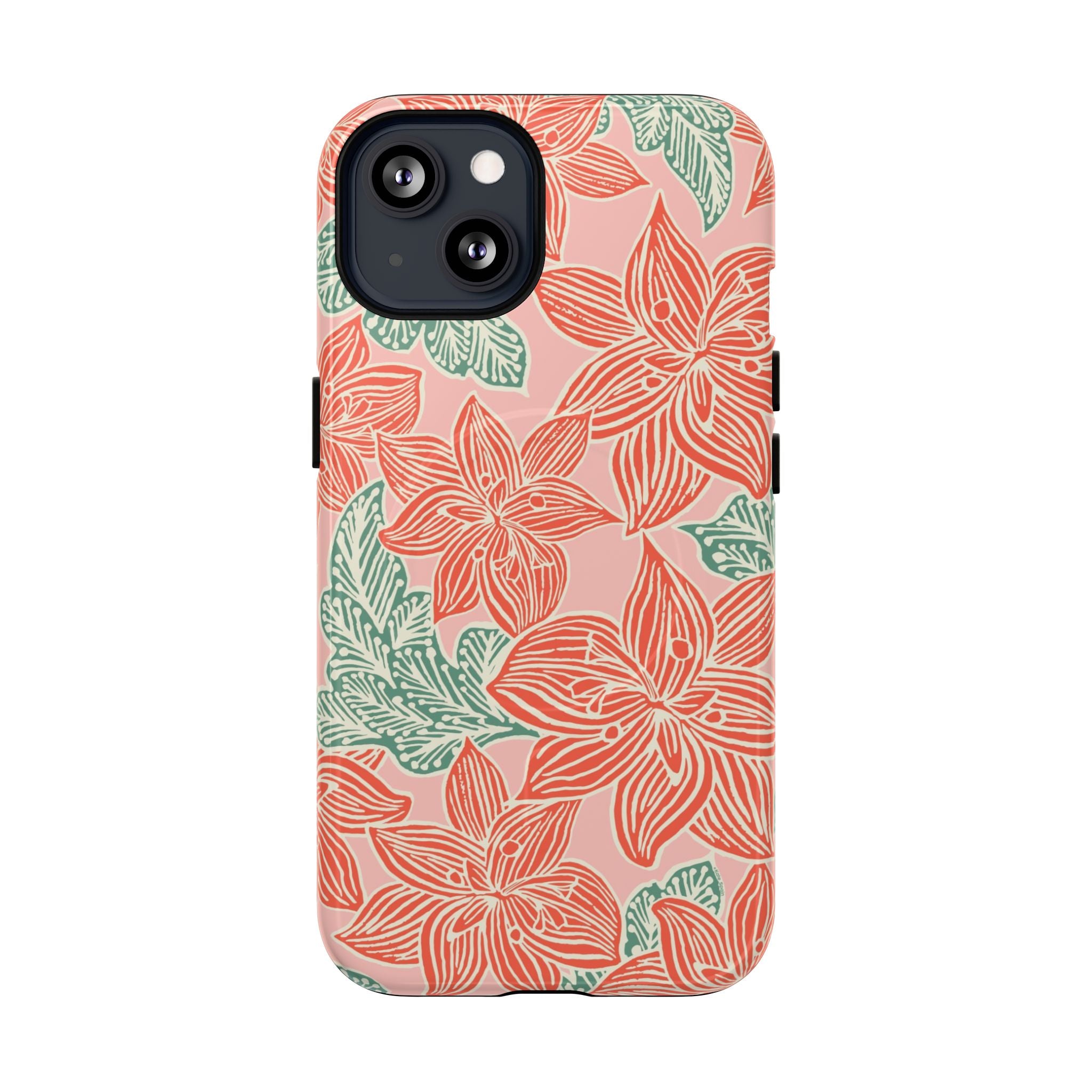 Hibiscus Coral MagSafe iPhone 13 Glossy Case — blush pink hard case with large-scale coral red hibiscus flowers and teal-green leaves in a bold botanical linework print, densely layered across the surface