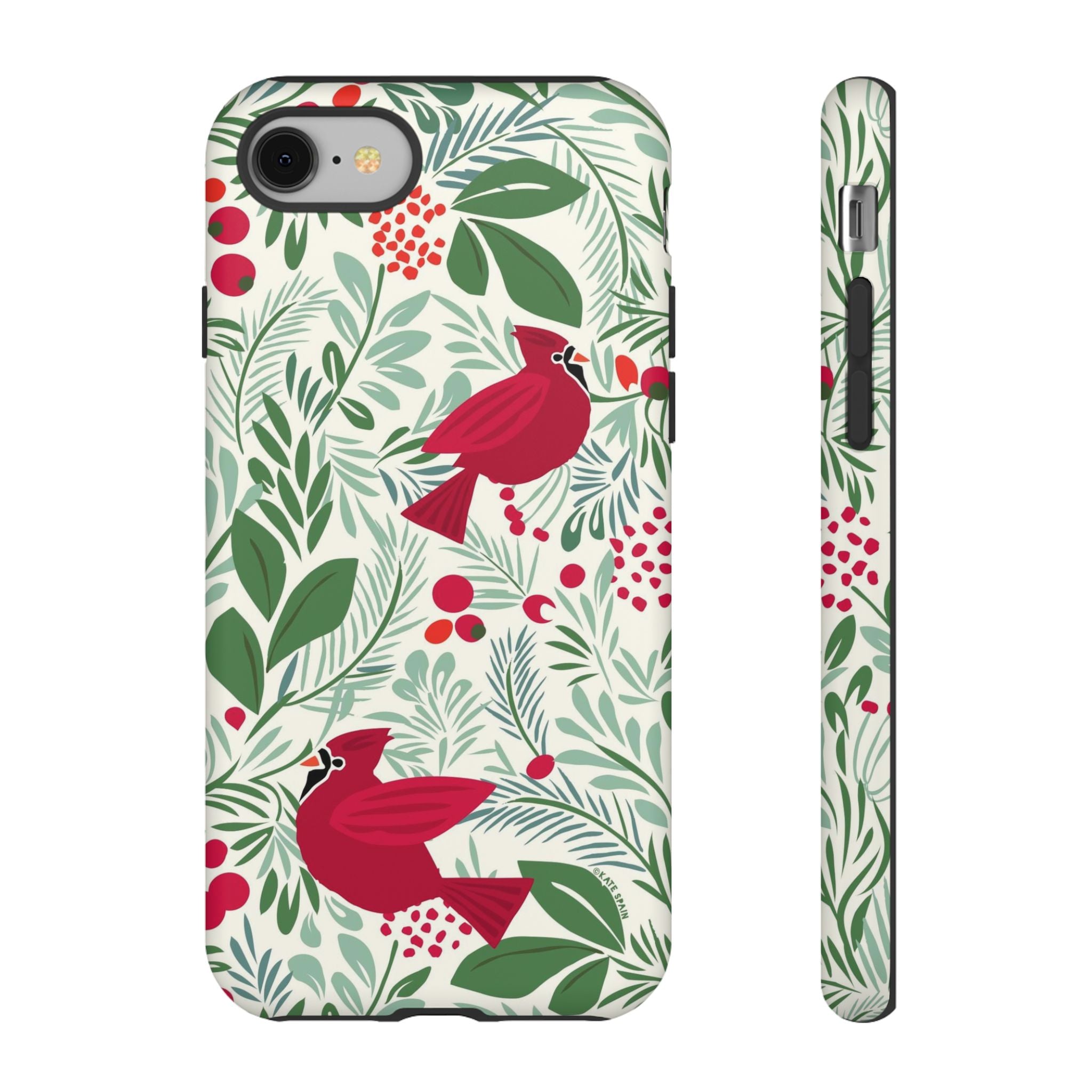 Birds and Berries Tough iPhone 8 Case – Matte | cream, red, green botanical cardinal berry print