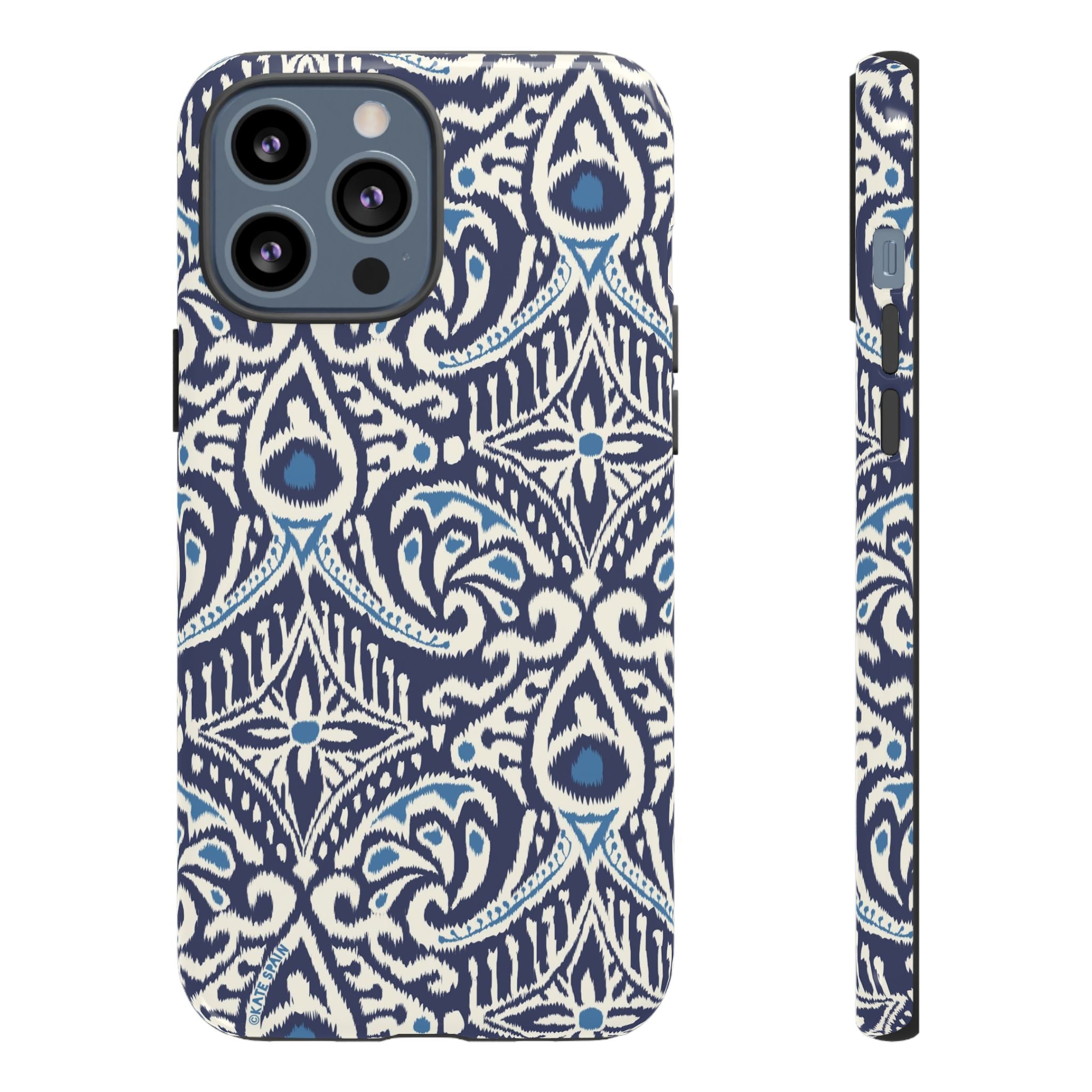 Ikat Tough iPhone 13 Pro Max Case – Glossy | navy, cream, blue ikat medallion print