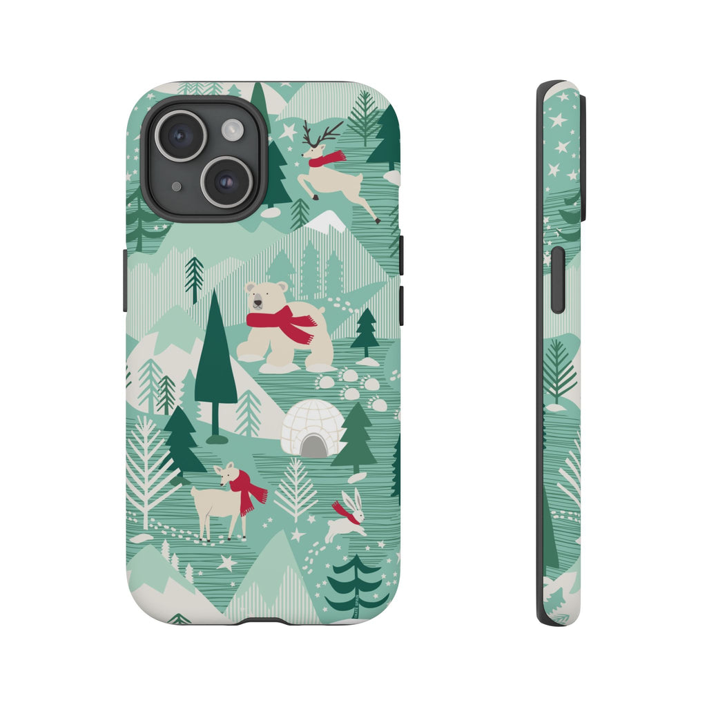 Arctica Winter Tough iPhone 15 Case – Matte | aqua, evergreen, white, animal frolic winter wonderland print